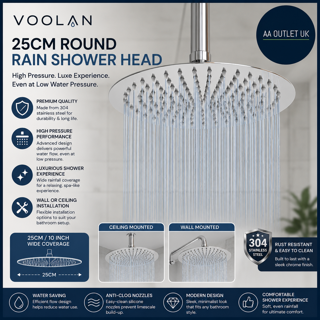 Voolan 25cm Round Rain Shower Circular High Pressure Shower Head Made