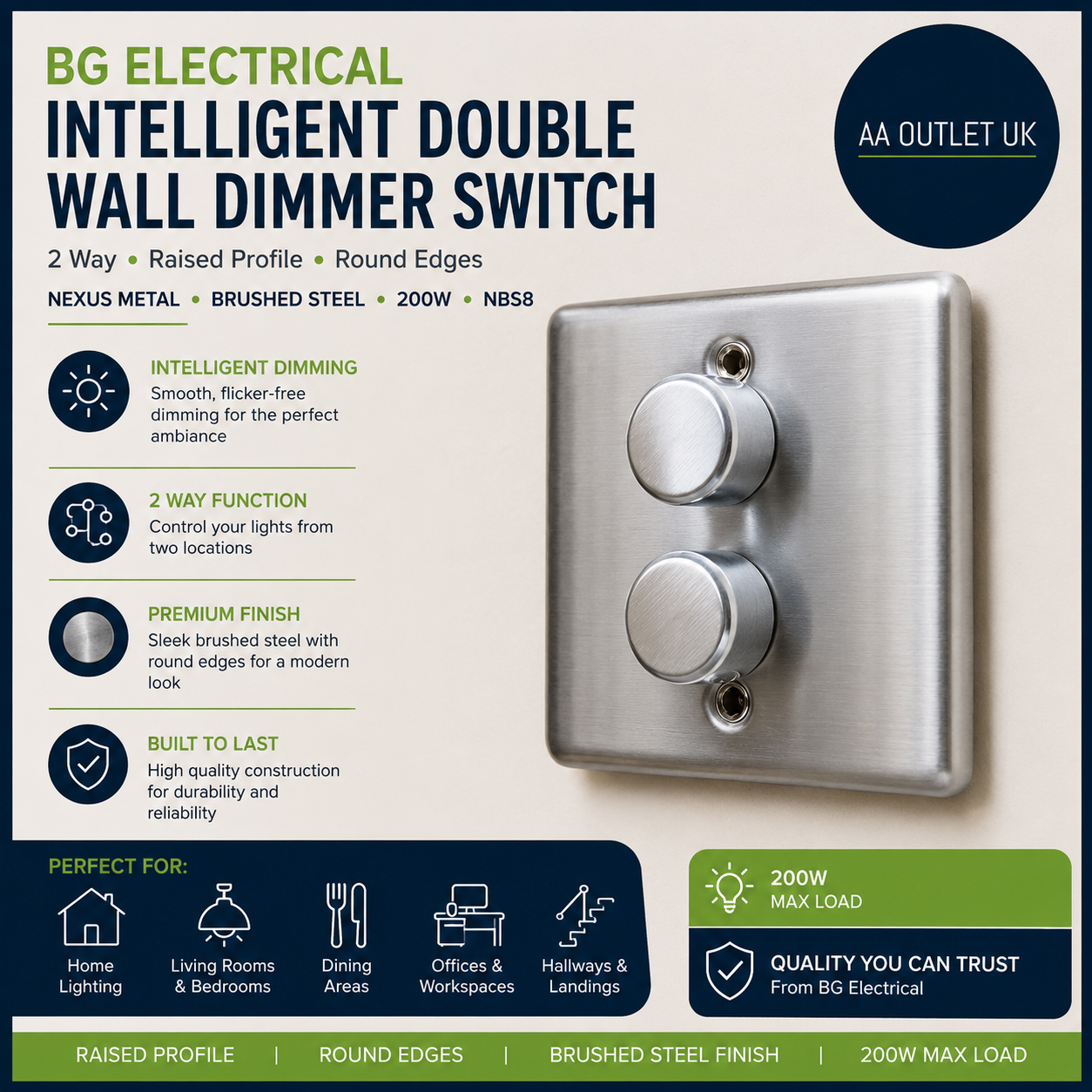 BG Electrical Intelligent Double Wall Dimmer Switch 2 Way Raised Profile