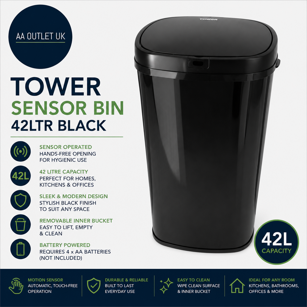 Tower Sensor Sensor Bin 42Litre Made From Steel Black 62x34x25cm