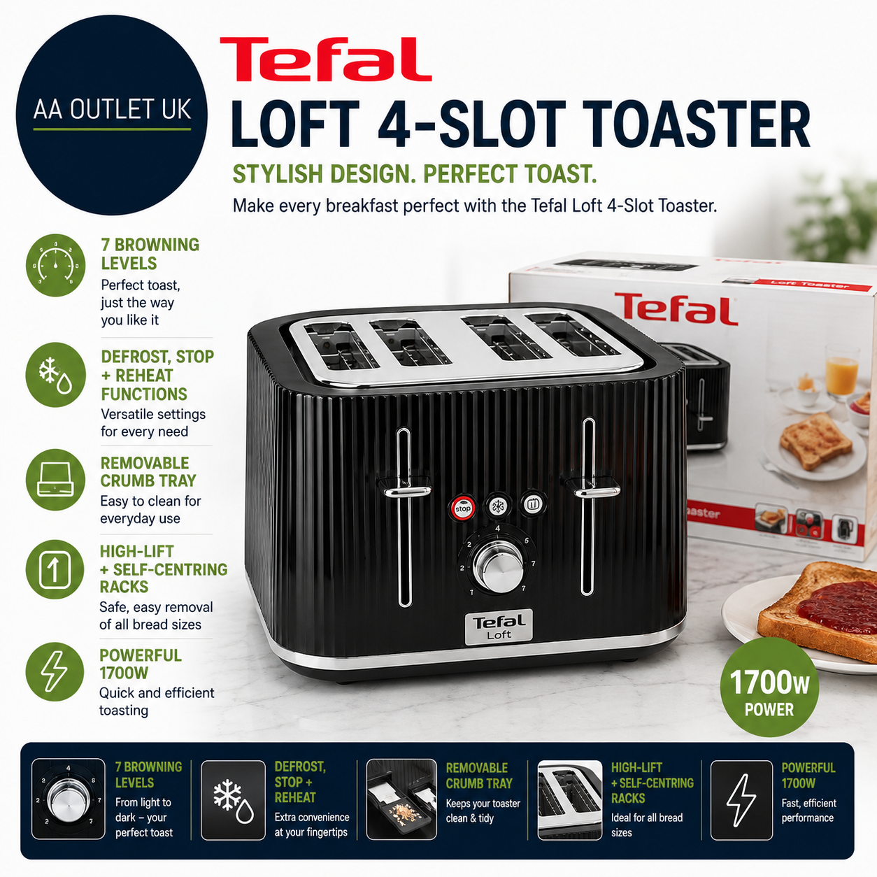Tefal Loft 4 Slot Toaster 7 Browning Levels Defrost Stop Reheat Functions