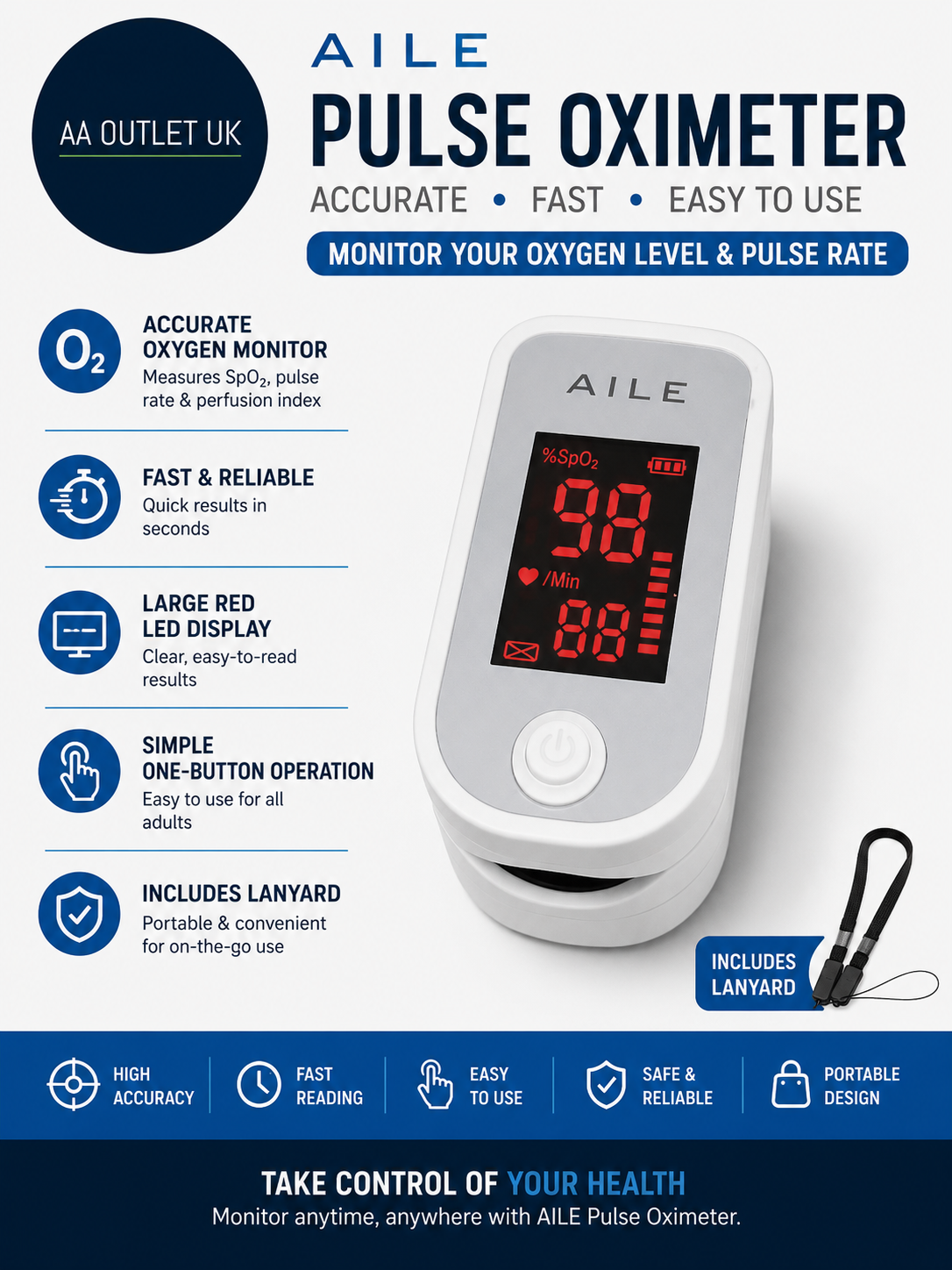 Aile Pulse Oximeter Oxygen Meter Adults Accurate Fast Easy Larger Red Screen