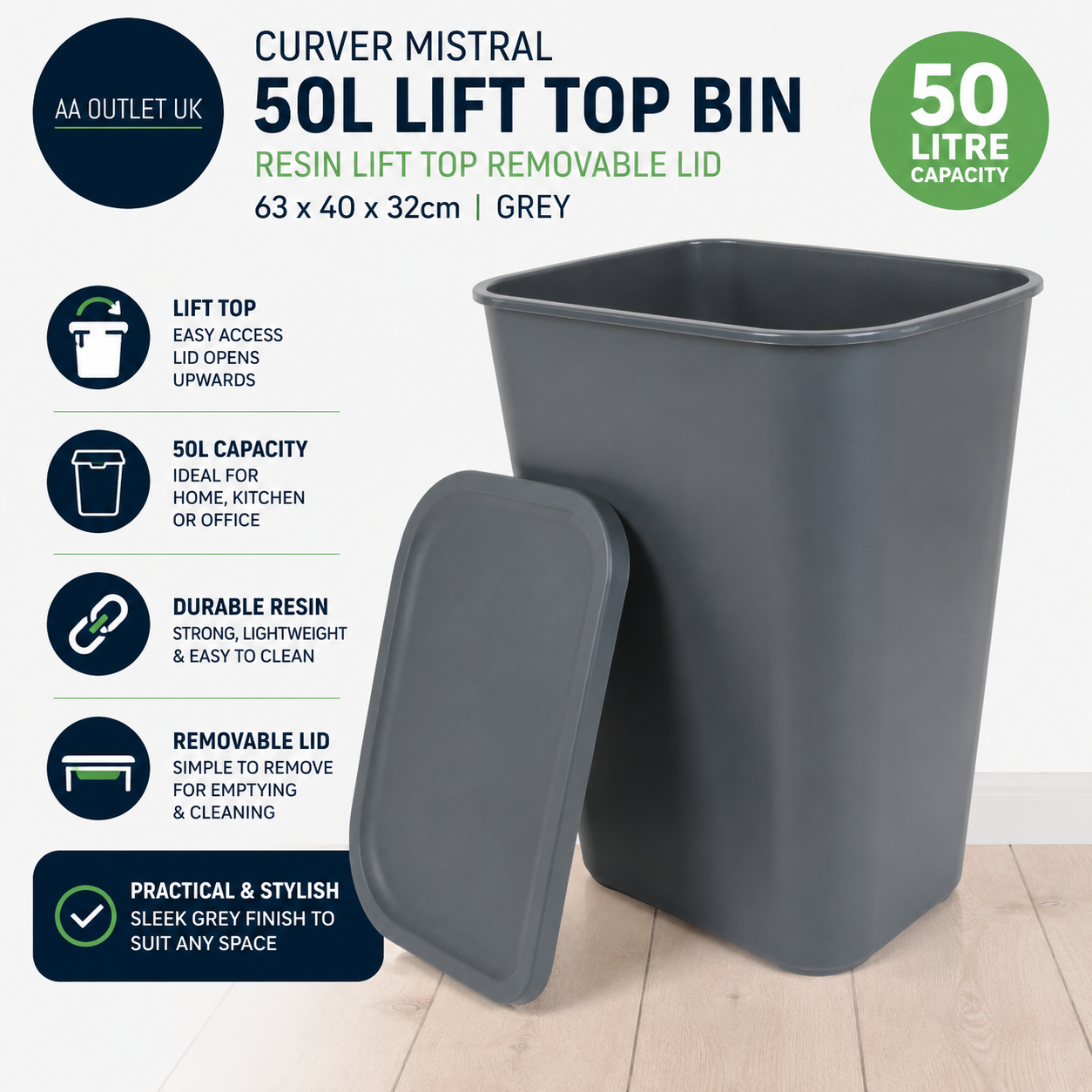 Curver Mistral 50L Lift Top Bin Resin Lift Top Removable Lid 63x40x32cm Grey
