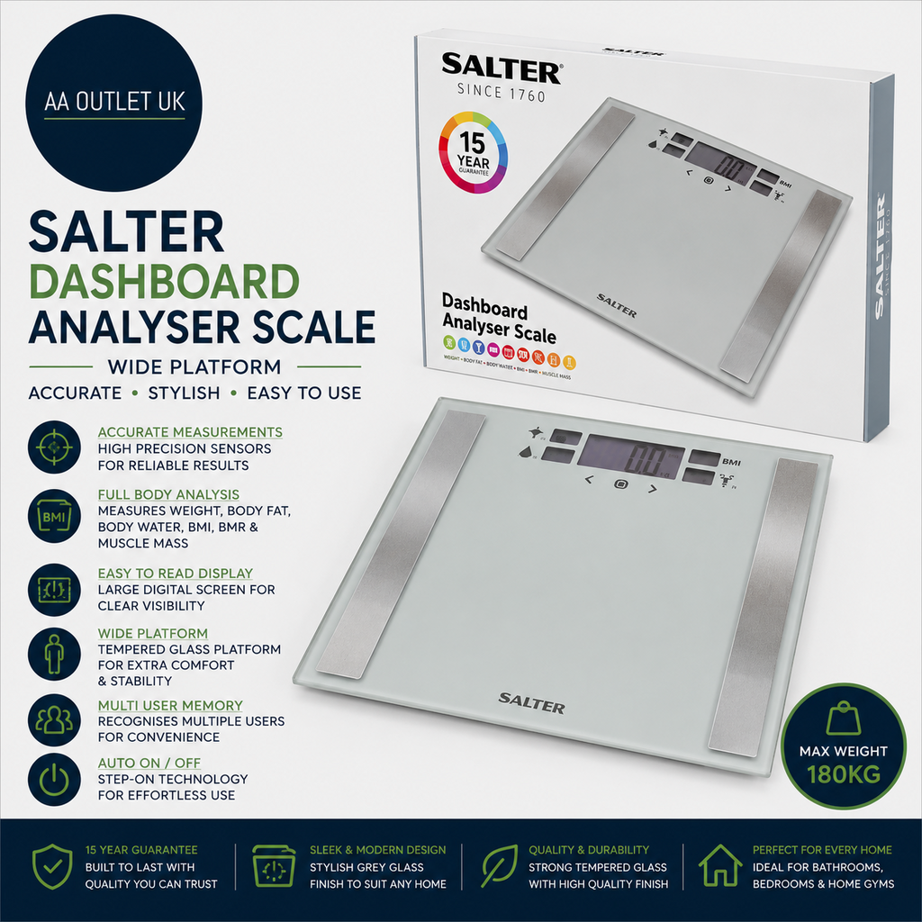 Salter Compact Glass Body Dashboard Analyser Bathroom Scale Wide Silver