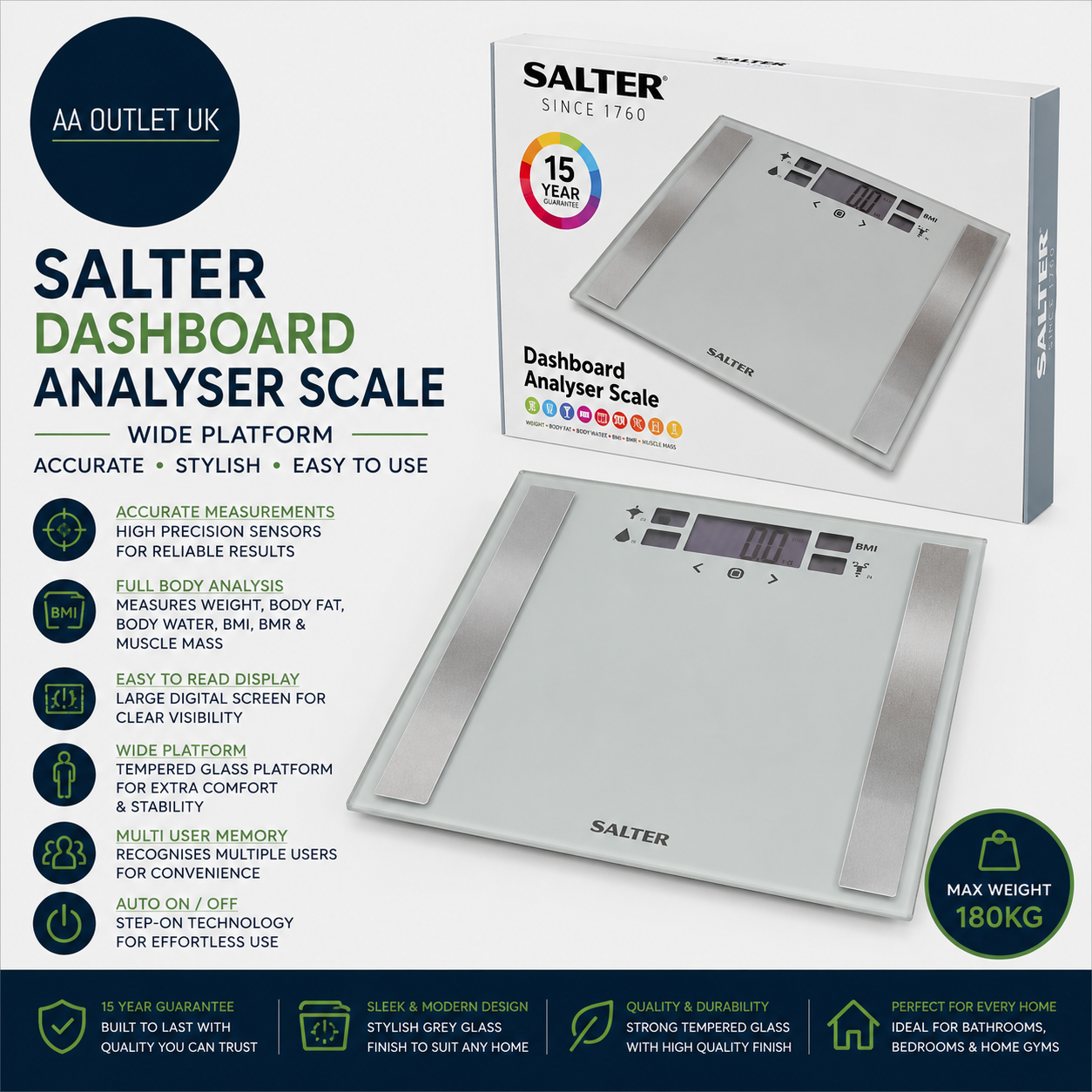 Salter Compact Glass Body Dashboard Analyser Bathroom Scale Wide Silver
