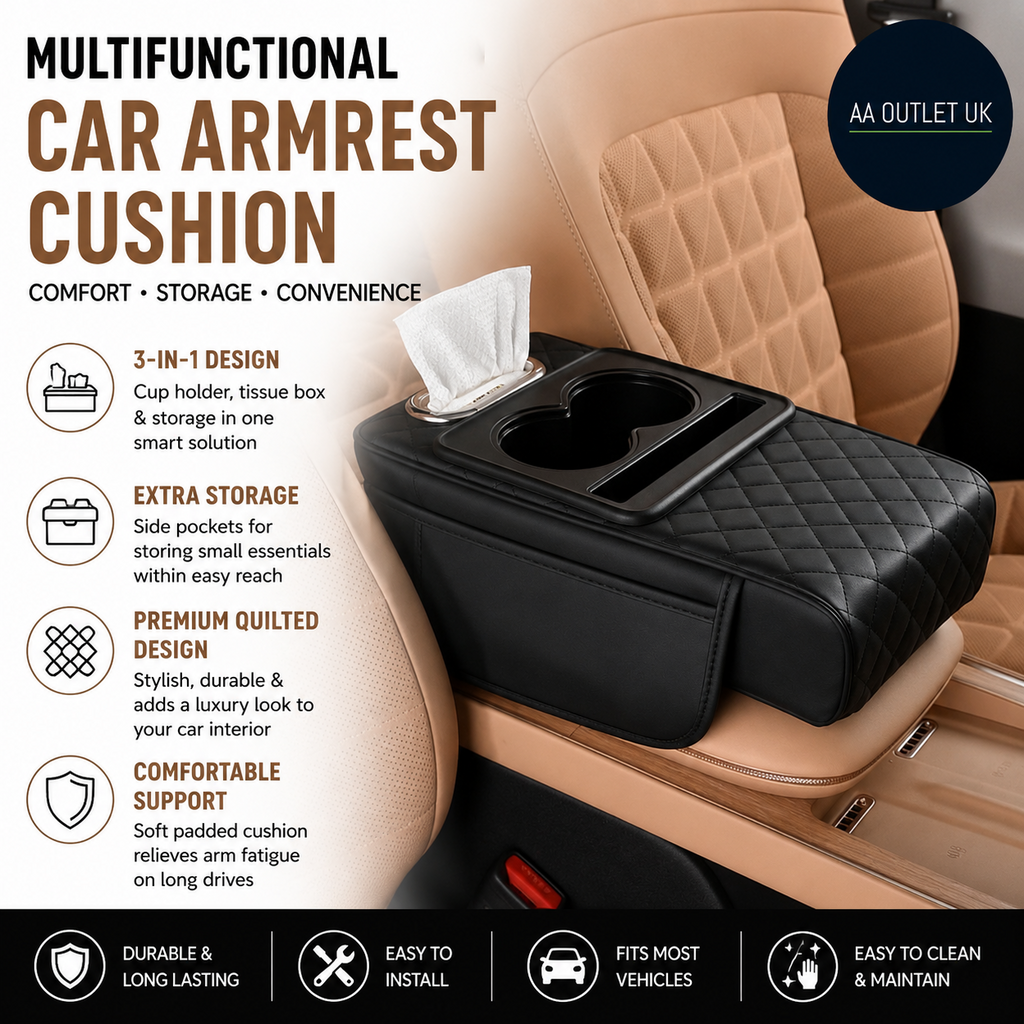 Multifunctional Car Armrest Cushion Cup Holder Tissue Box Side Pockets Black