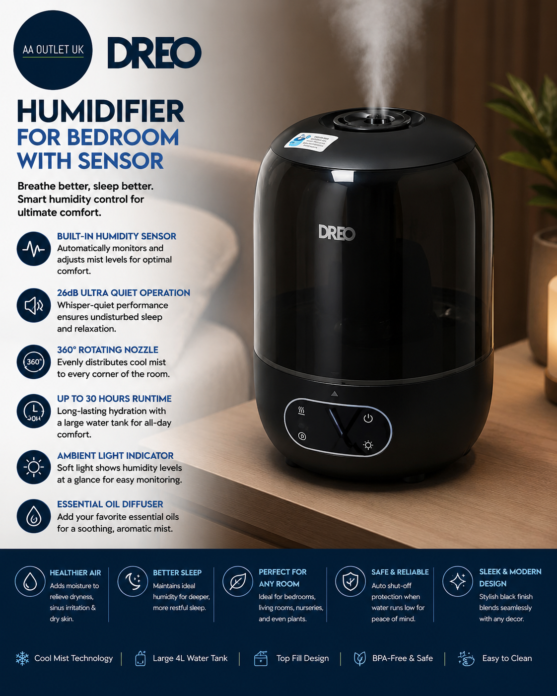 Dreo Humidifier Bedroom Sensor 26dB Quiet Cool Mist Ultrasonic Home 30H Runtime