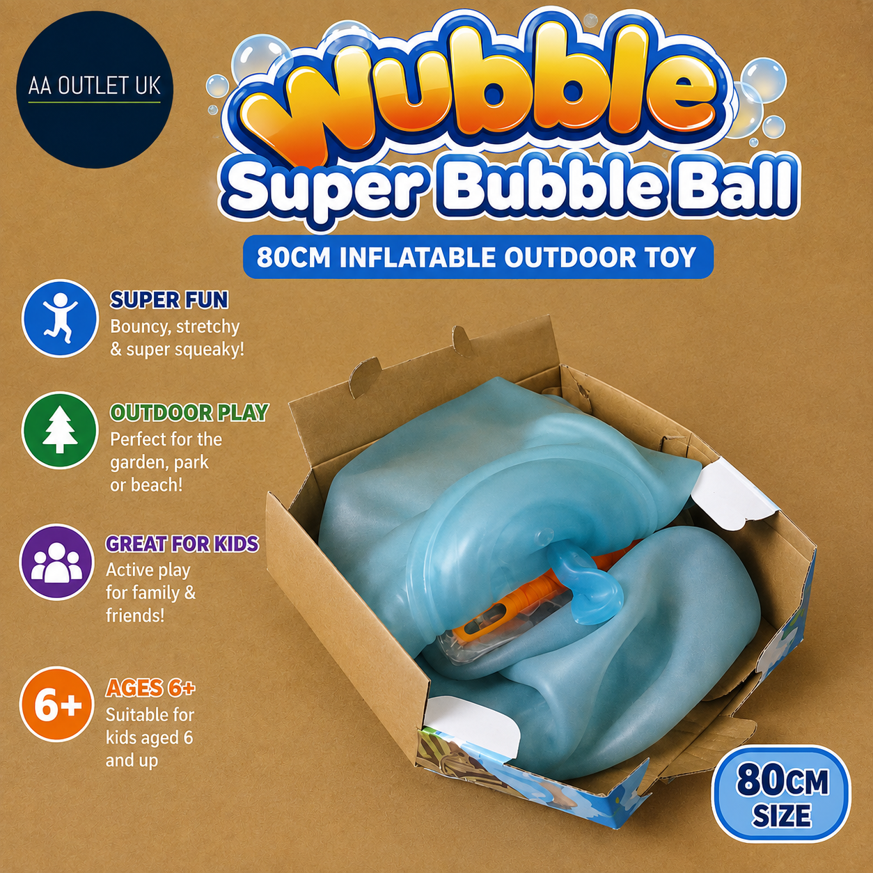 Wubble Super Bubble Ball Blue 80cm Inflatable Outdoor Garden Toy Ages 6+ Design