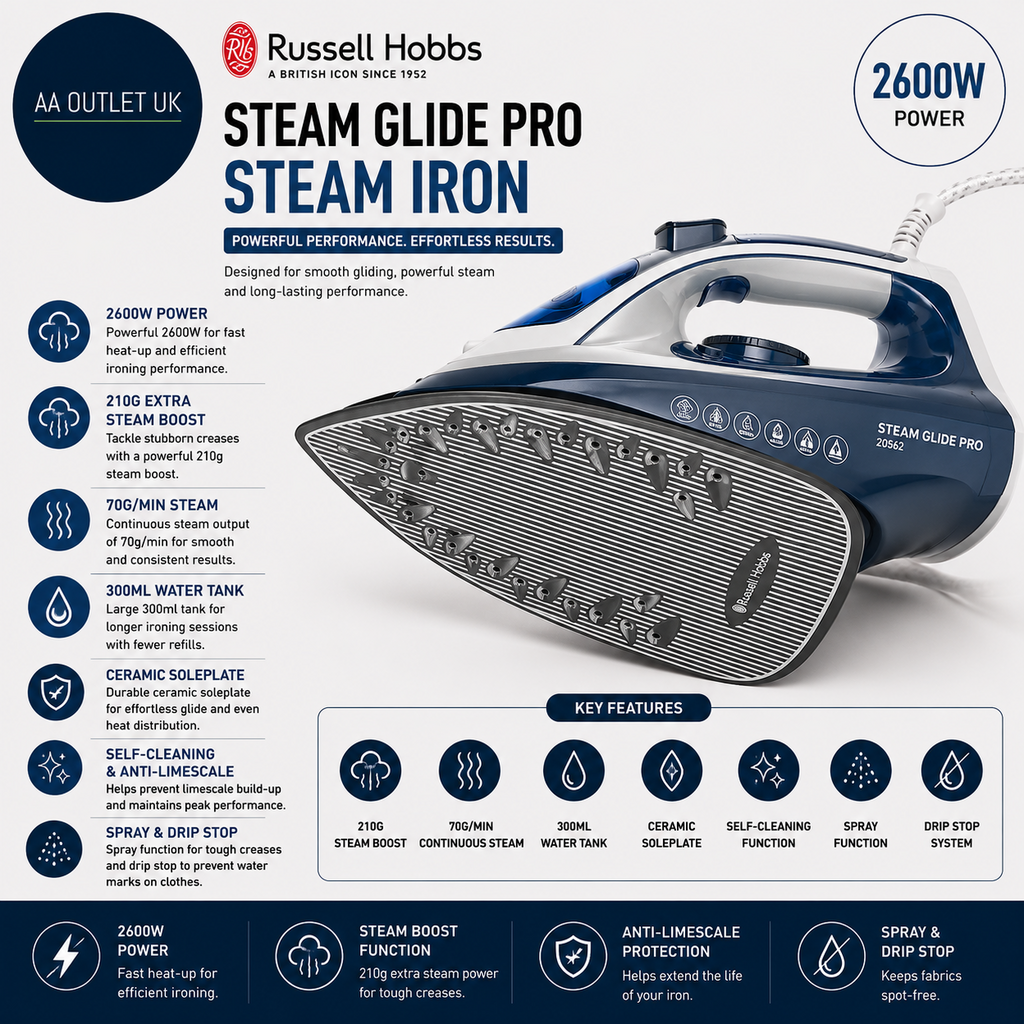 Russell Hobbs Steam Iron 2600W 210g Extra Steam Boost 70g Min Glide Pro