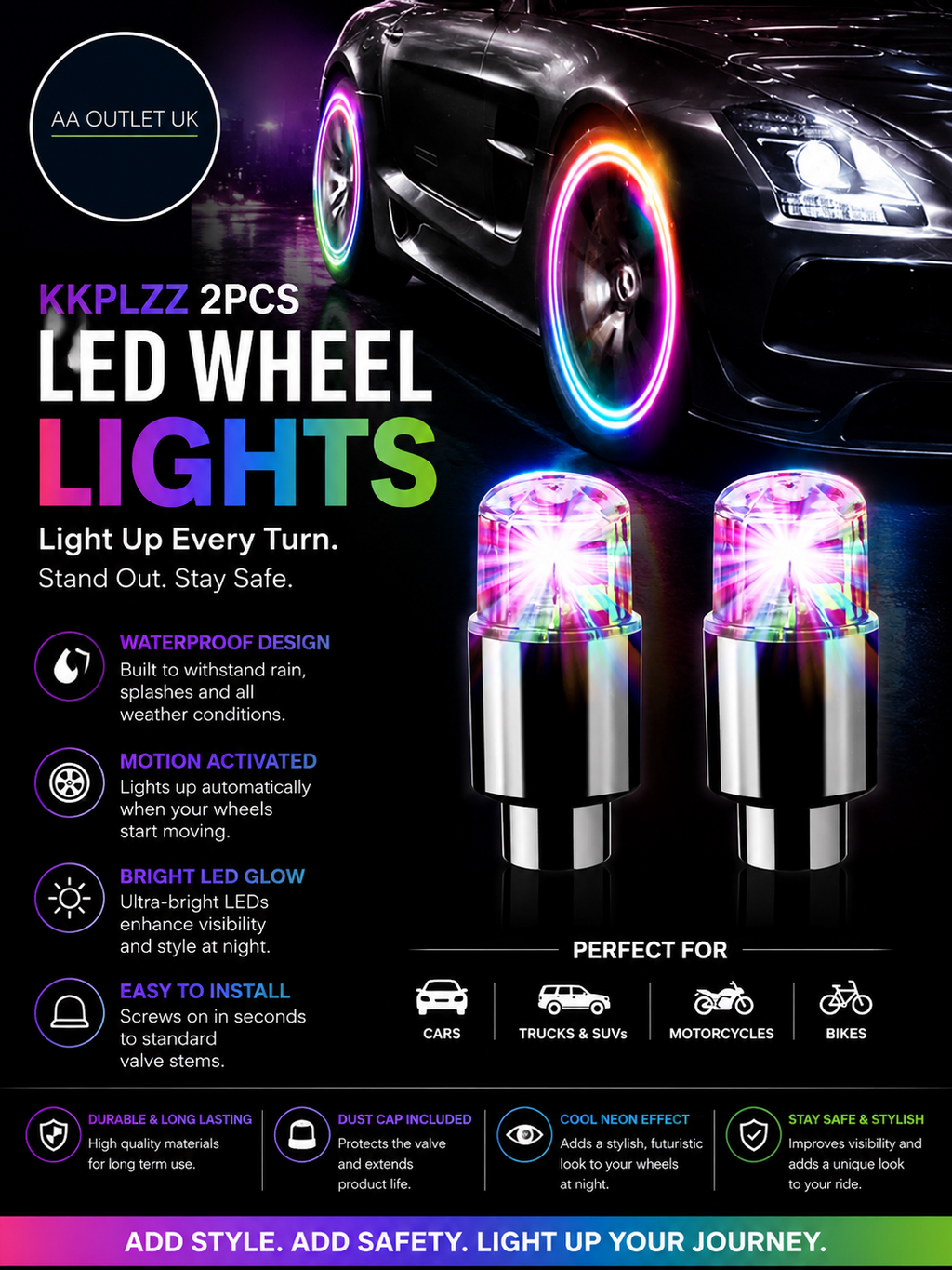 KKPLZZ 2pc Waterproof Led Wheel Lights Car Bike Tyre Valve Cap Lights Dust
