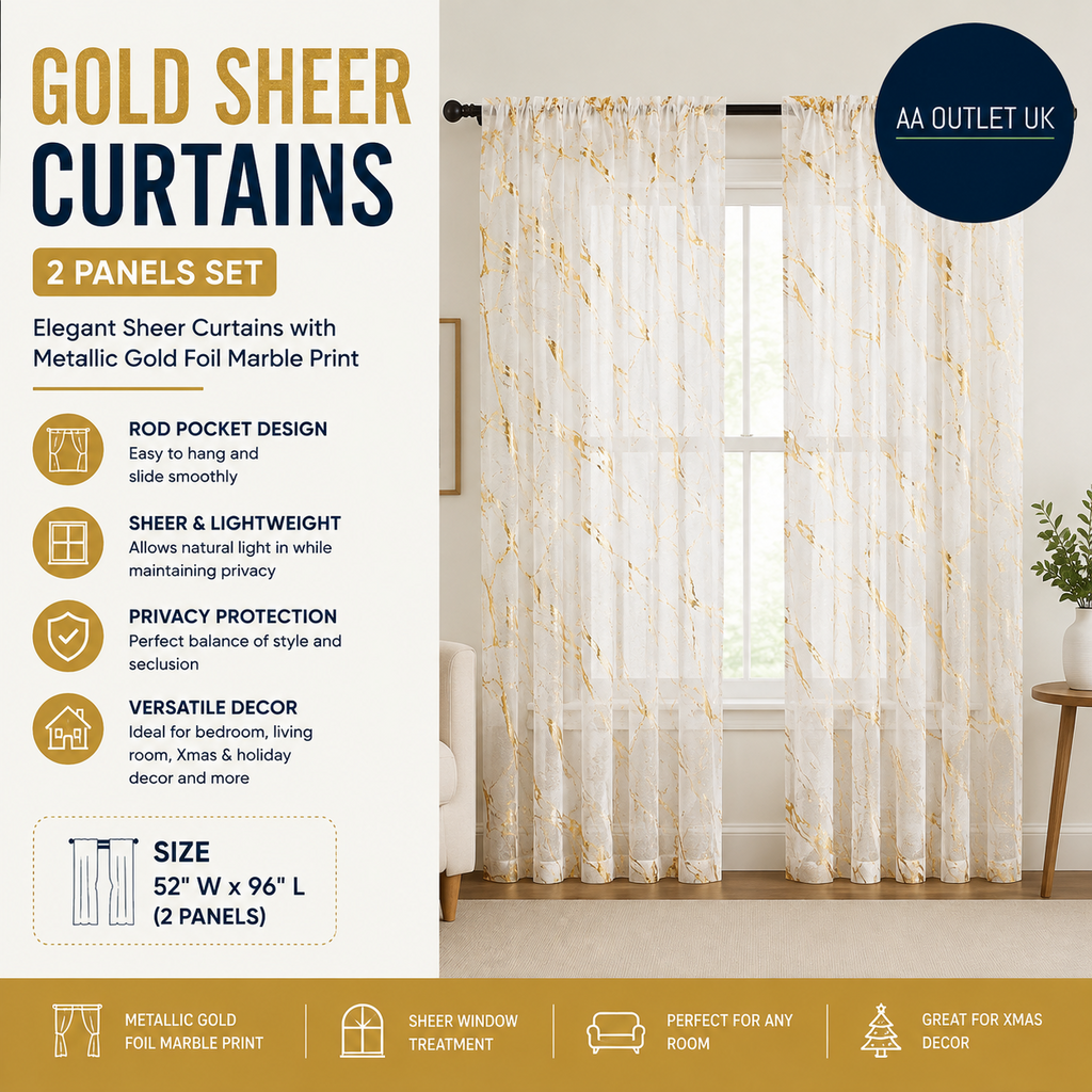 Lavyhuno Gold Sheer Curtains Length 2 Panels Set Rod Pocket Drapes 52x96in Ivory