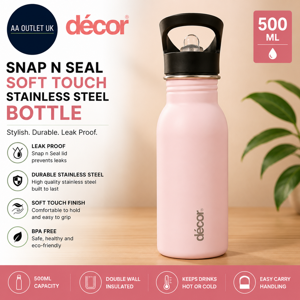Decor Snap N Seal Soft Touch Stainless Steel Leak Proof Bottle Pink  500ml