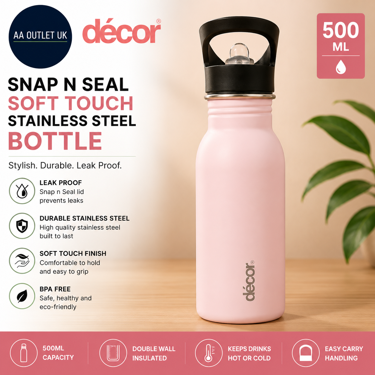 Decor Snap N Seal Soft Touch Stainless Steel Leak Proof Bottle Pink  500ml