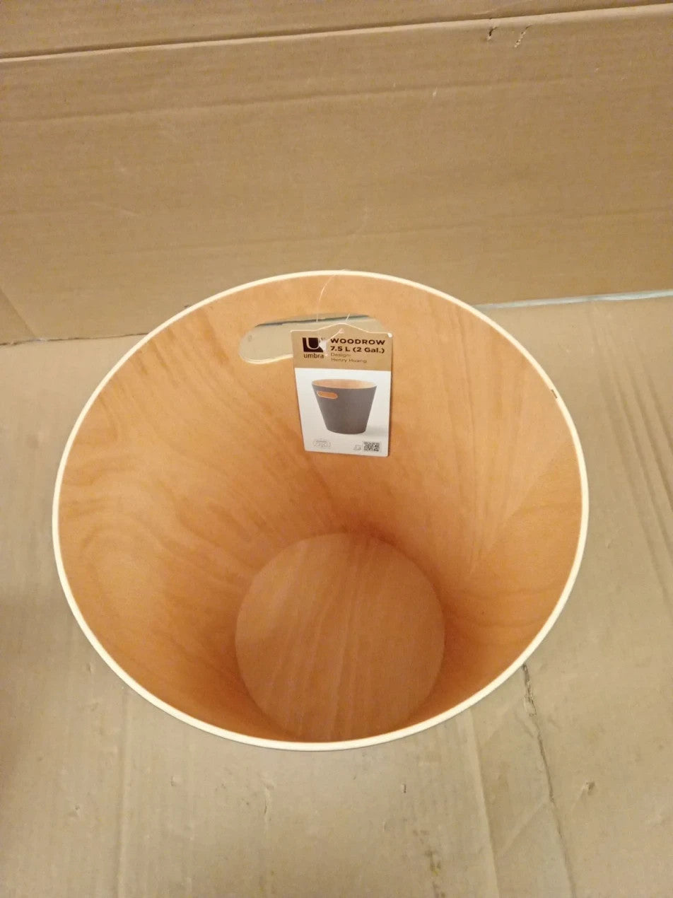 Umbra Woodrow 2 Gallon Modern Wooden Trash Can Wastebasket Dark Grey Natural