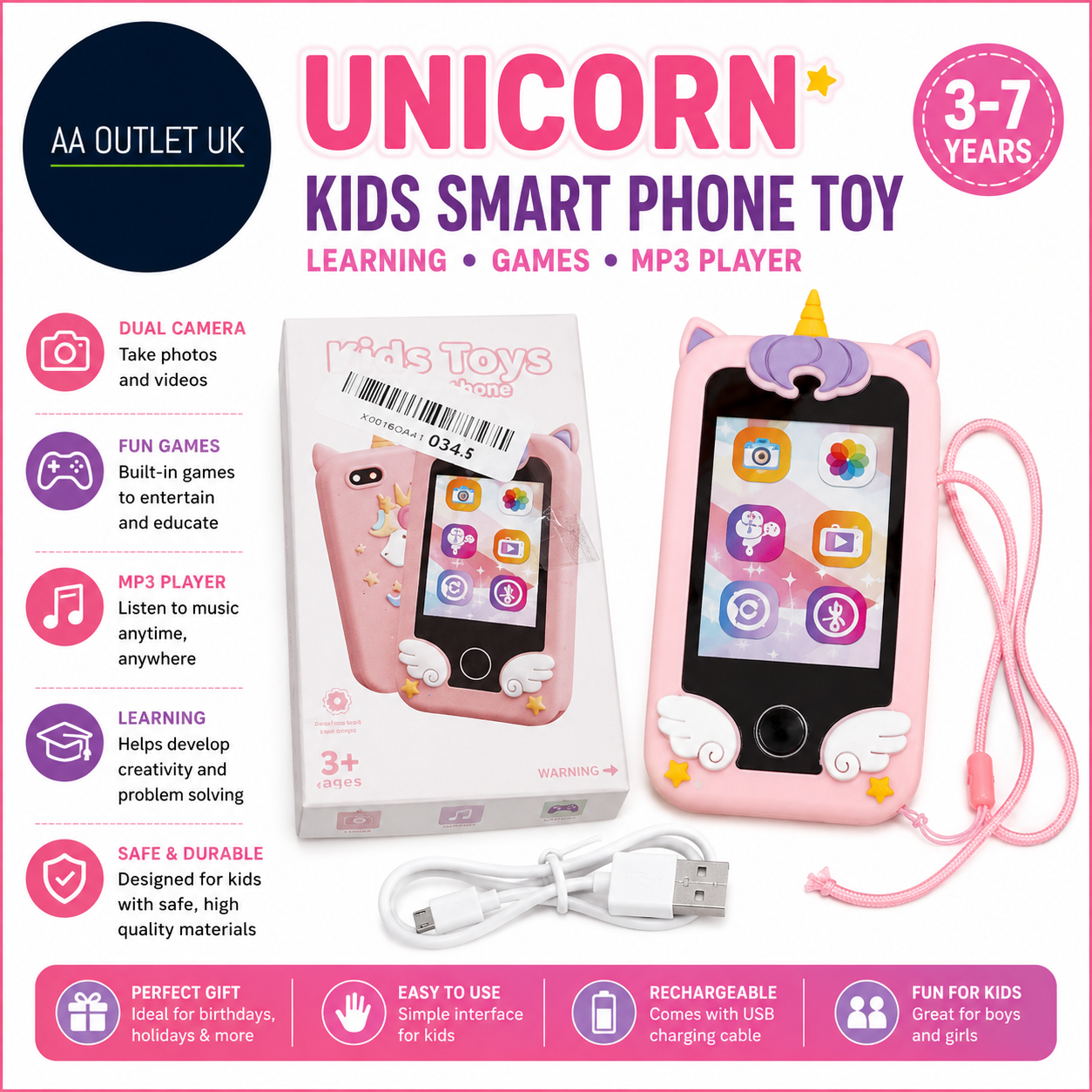 UCIDCI Unicorn Kids Smart Phone Toy Dual Camera Learning Games MP3 Player