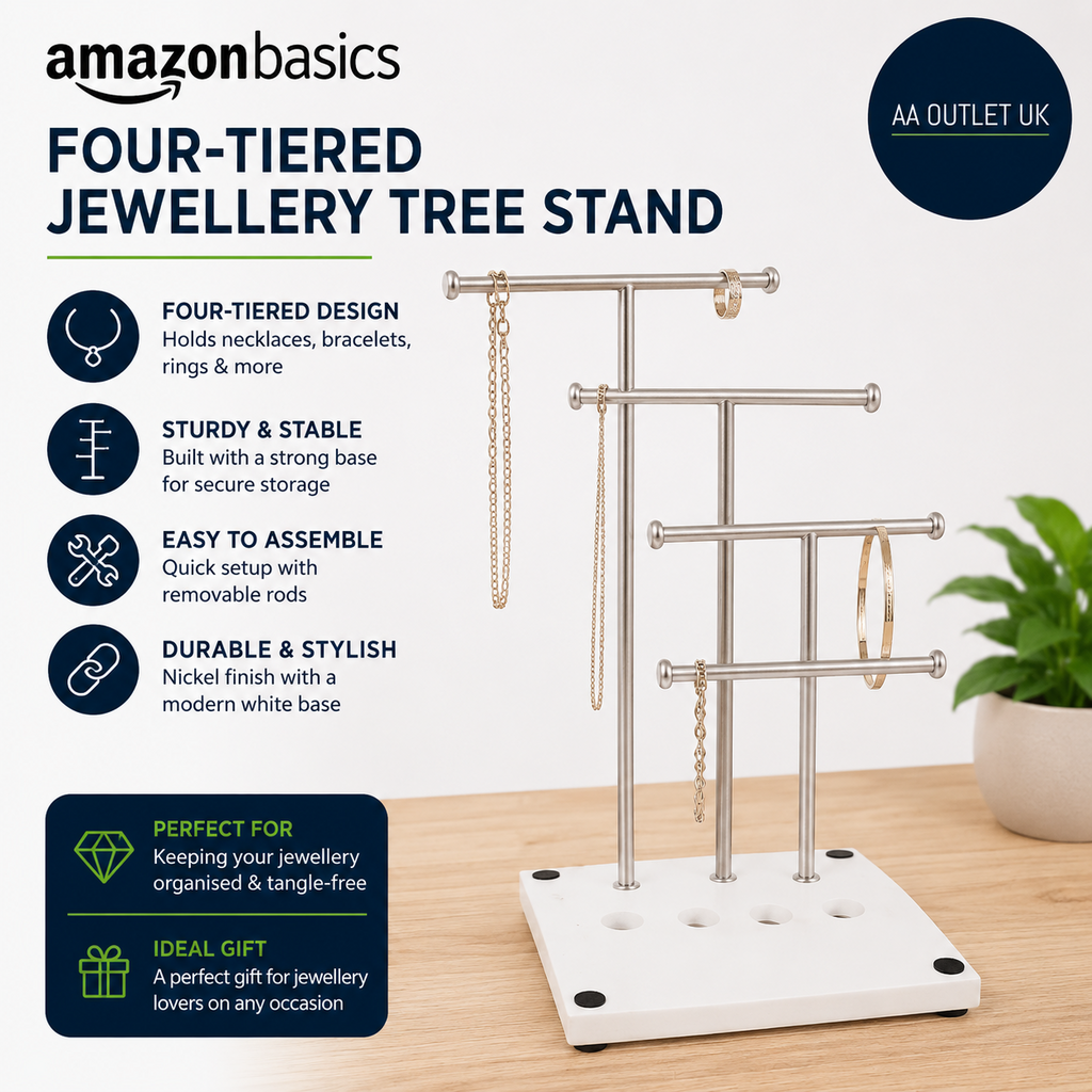 Amazon Basics Four Tiered Jewellery Tree Stand White Nickel