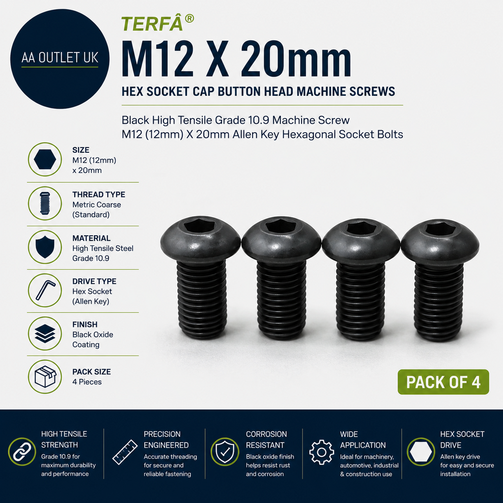 Terf 12mx20mm Hex Socket Cap Button Head Machine Screws Black High Tensile