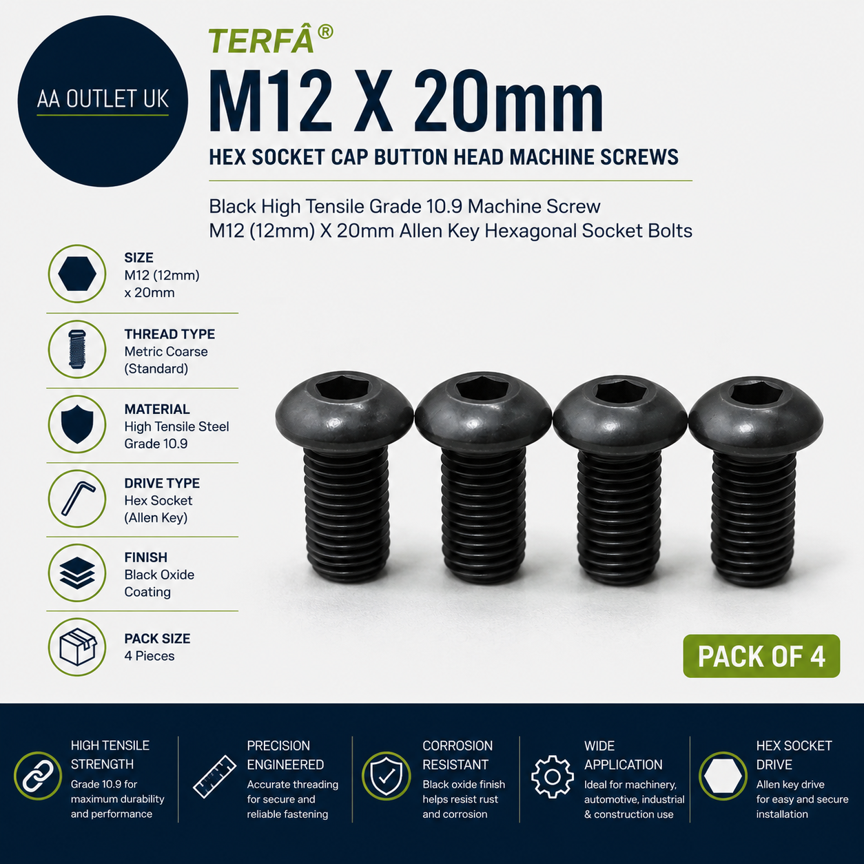 Terf 12mx20mm Hex Socket Cap Button Head Machine Screws Black High Tensile