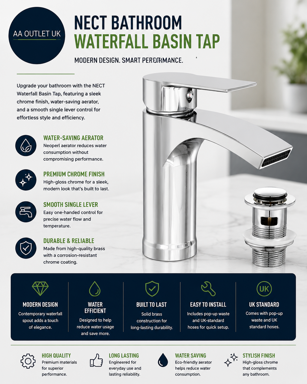 Nect Bathroom Taps Waterfall Chrome Basin Water Saving Aerator Pop Up Waste