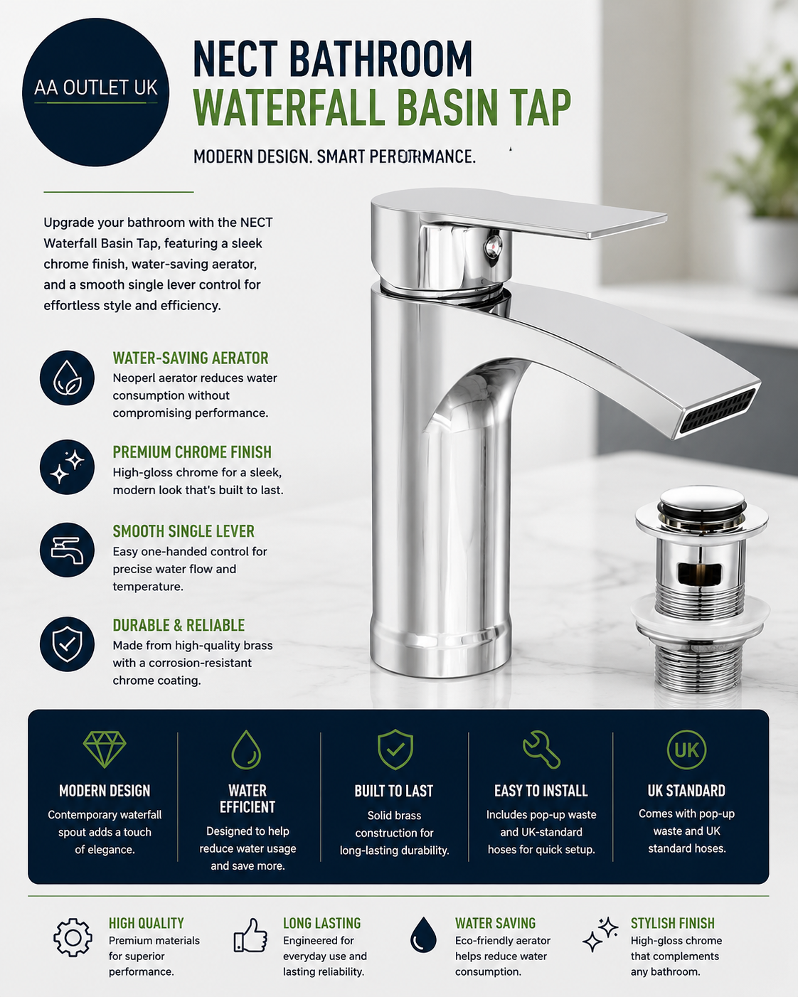 Nect Bathroom Taps Waterfall Chrome Basin Water Saving Aerator Pop Up Waste