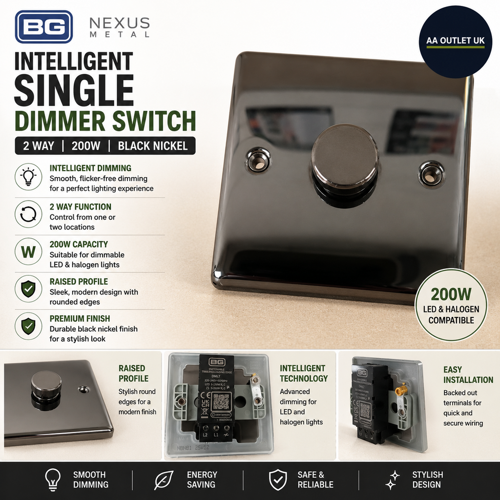 BG Electrical Intelligent Single Wall Dimmer Switch 2 Way Nexus Metal NBN81 200W