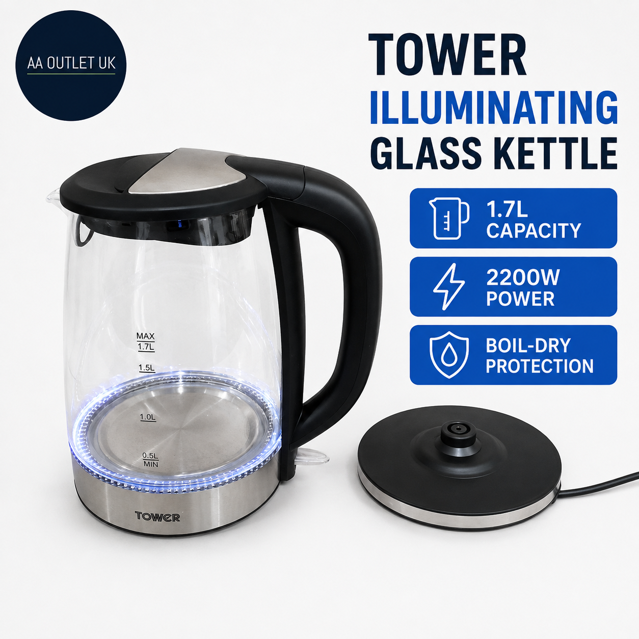 Tower PT10090BLK Illuminating Glass Kettle With Removable Filter 1.7L 2200w