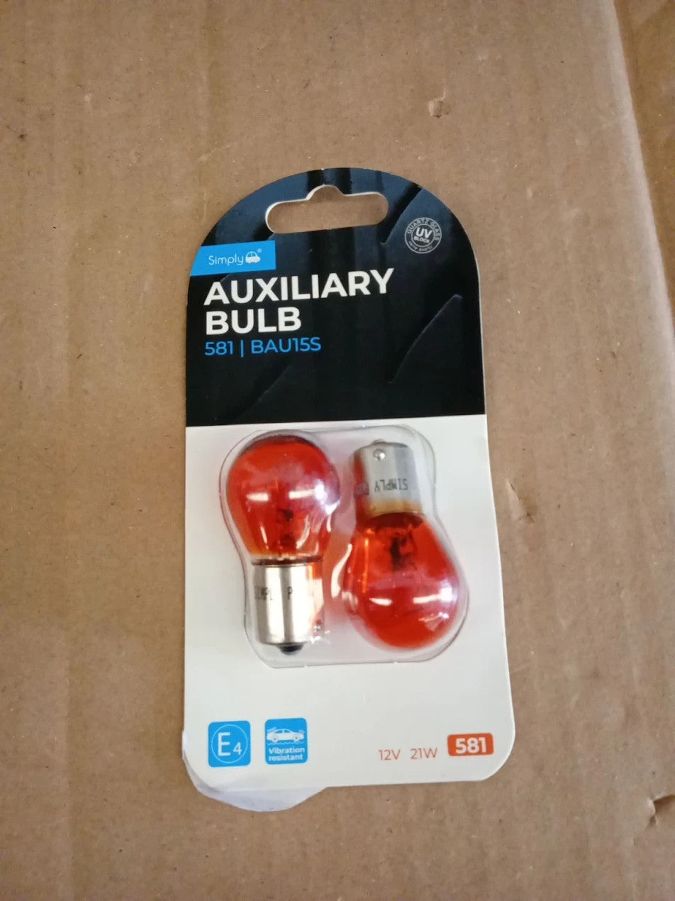 Simply S581BL 581 2 Pack  Auxiliary Bulb Blister 12V 21W Base BAU15S Amber New