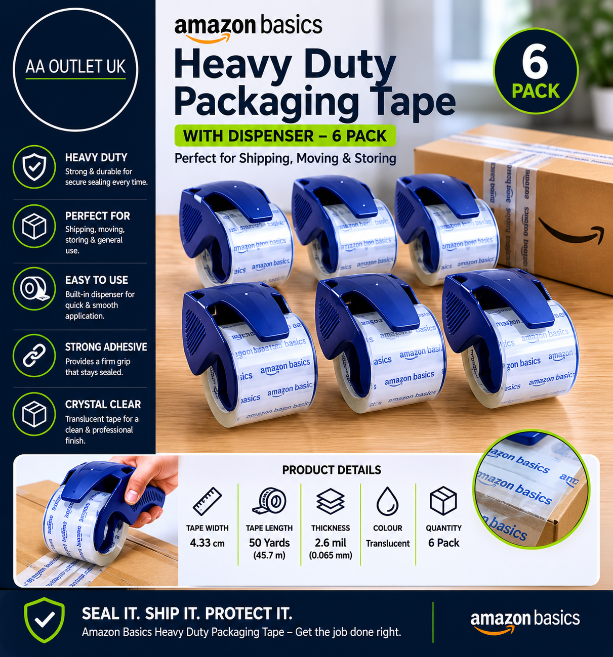 Amazon Basics Heavy Duty Packaging Tape Dispenser Shipping Moving Storing 6pc