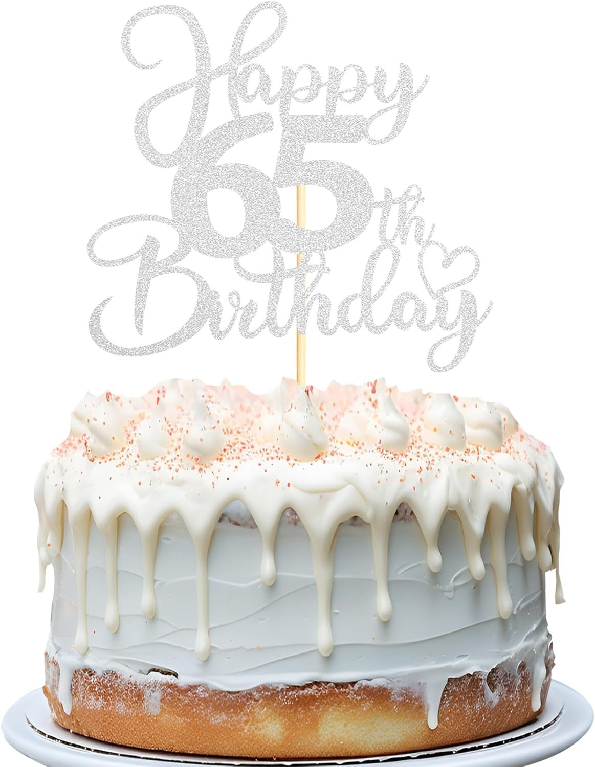Sotpot 1pc Happy 65th Birthday Cake Topper Double Sided Silver Glitter New