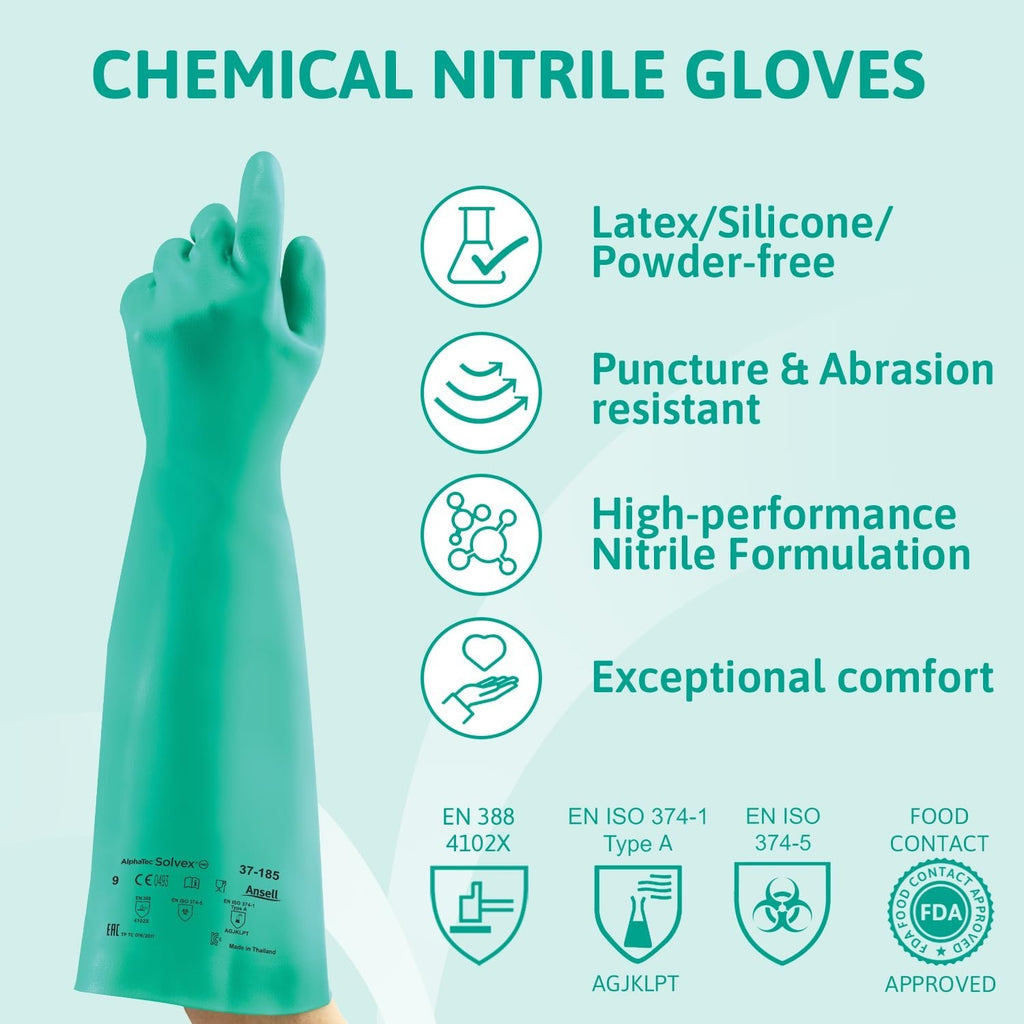 Ansell AlphaTec 37185 Chemical Resistant Nitrile Gloves Pair Size 9 Large New