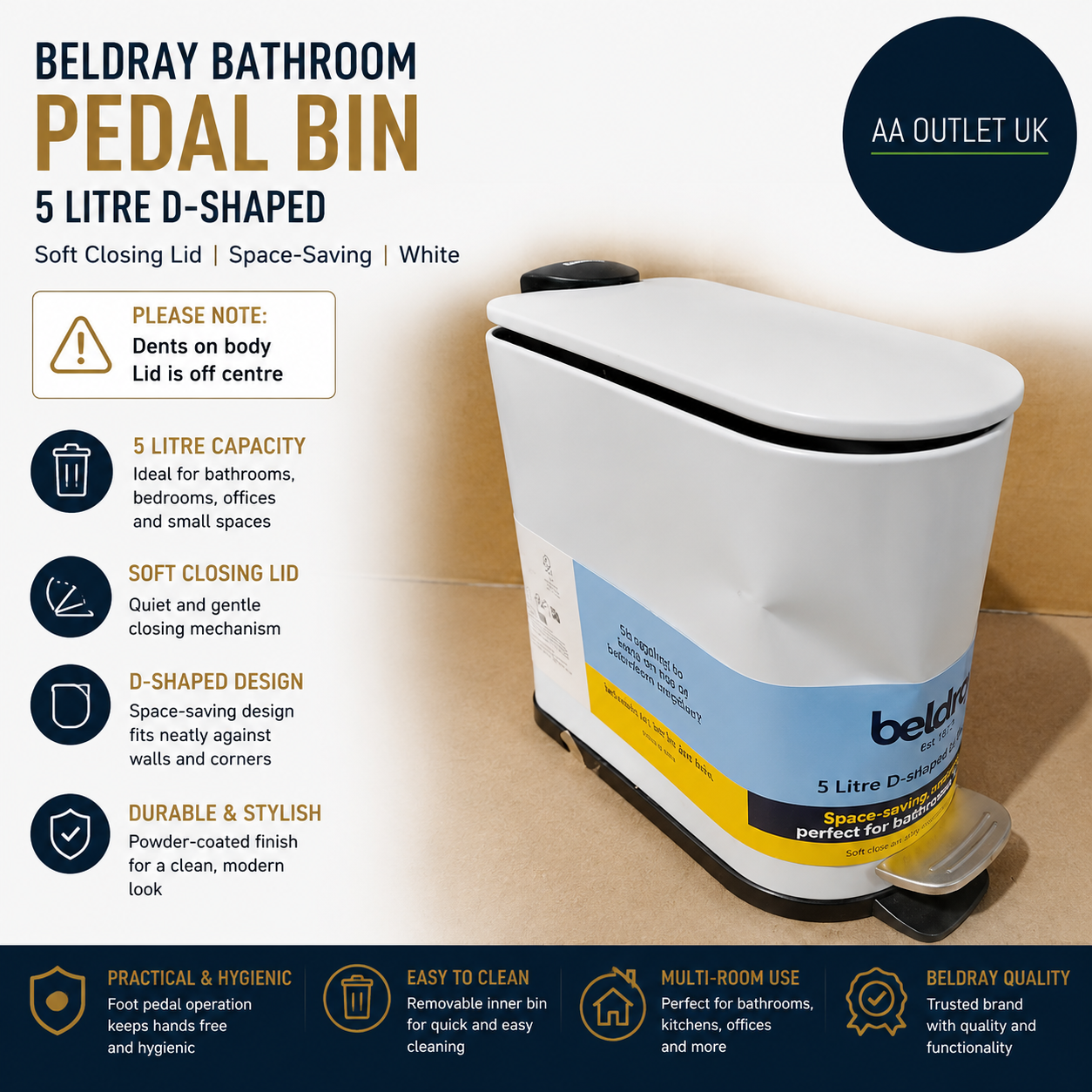 Beldray Bathroom Pedal Bin 5L Small Toilet Soft Closing Lid D Shaped Sanitary