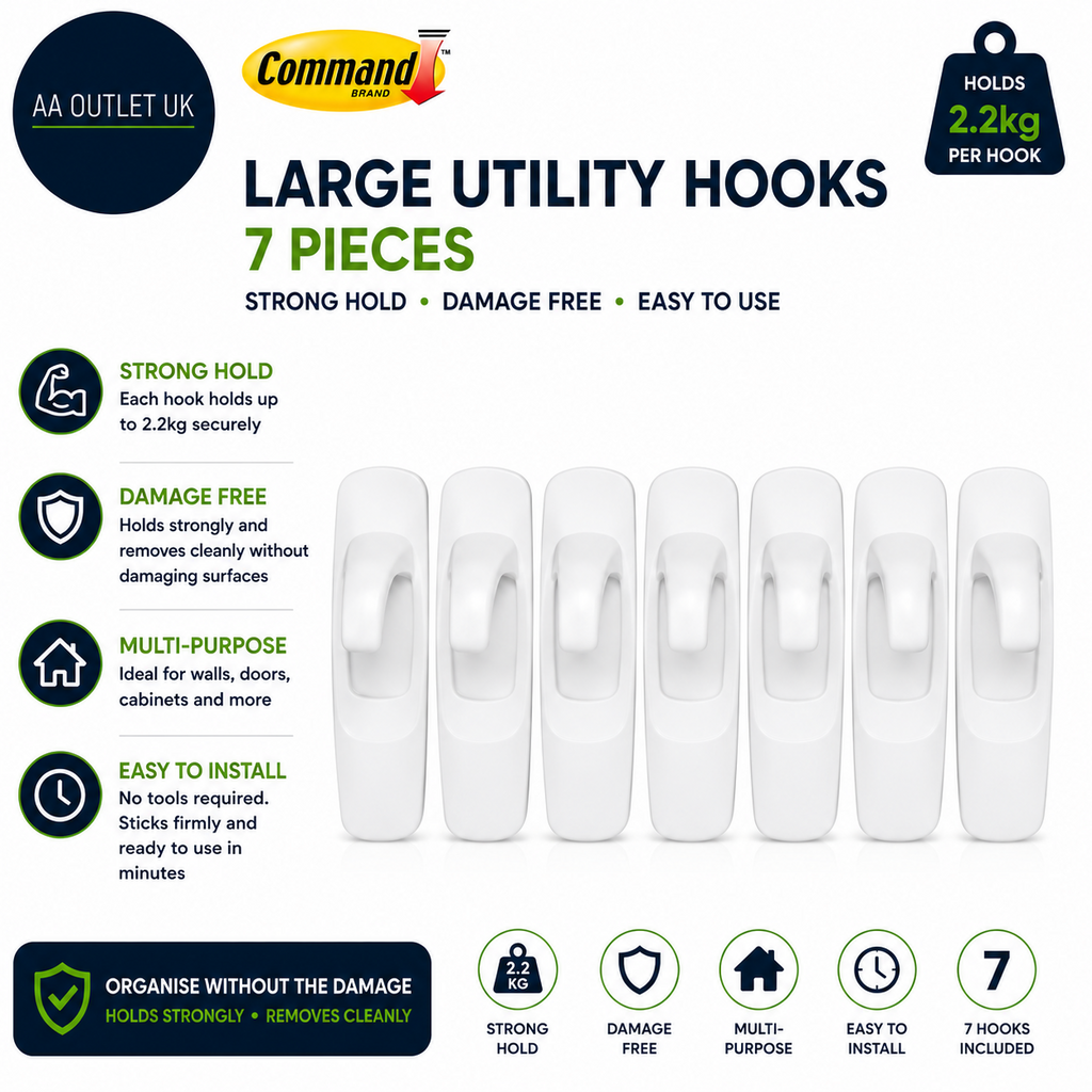 Command Large Utility Hooks 7 Pieces Adhesive Strips White 2.2kg Durable Design