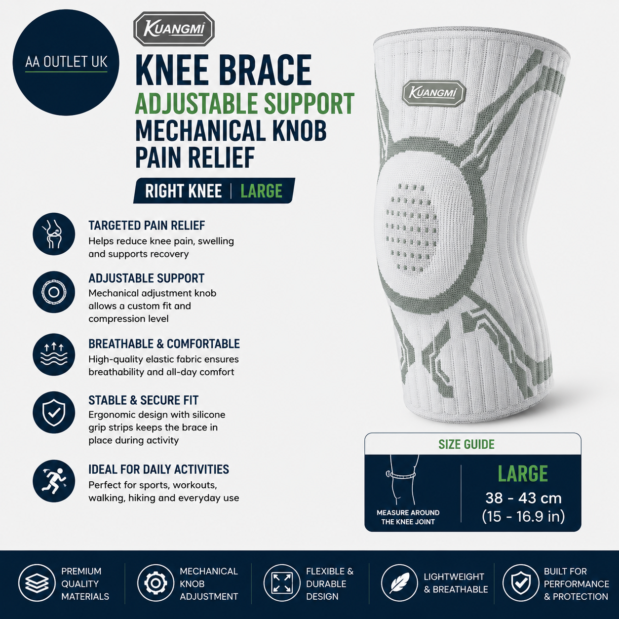 Kuangmi Knee Brace Adjustable Support Mechanical Knob Pain Relief Right Large