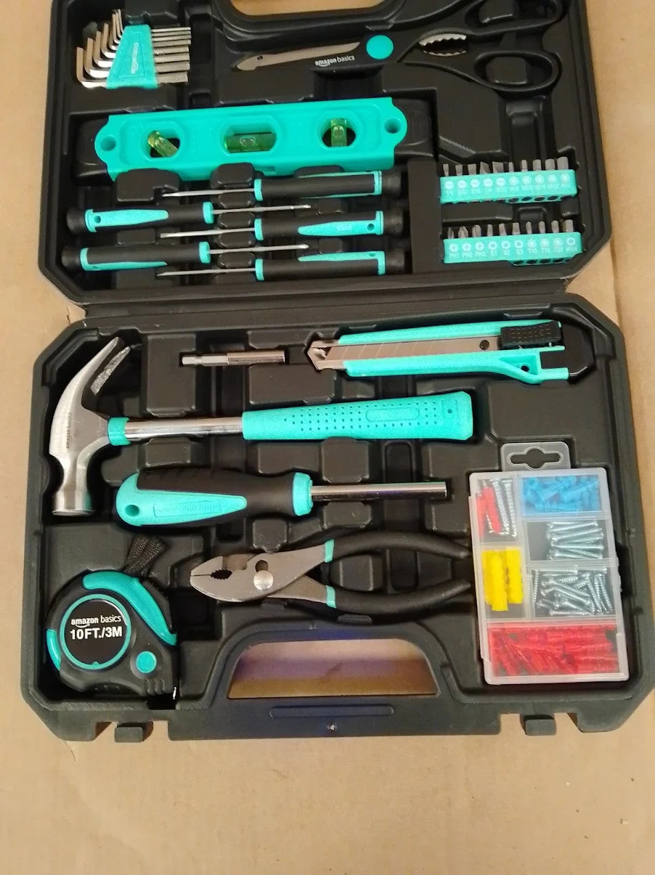 Amazon Basics Tool Kit Storage Case 142 Piece Household Tool Set DIY Turquoise