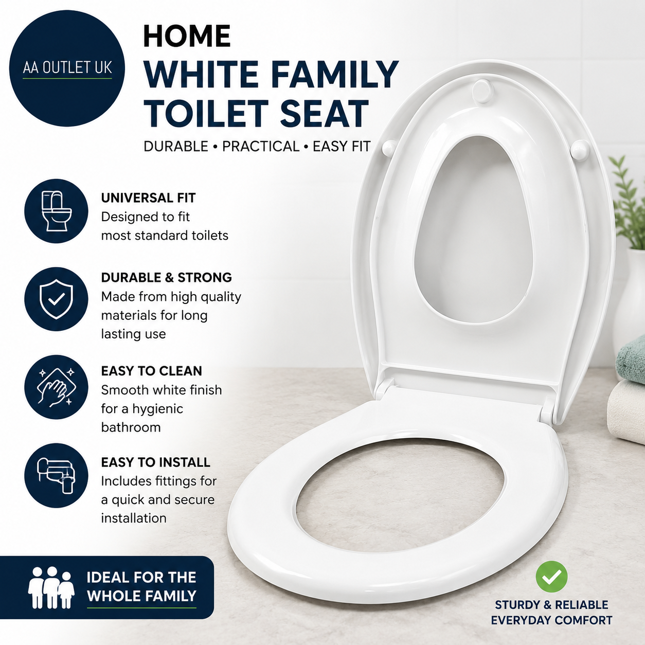 Home White Family Toilet Seat Universal Fit Durable Strong Easy To Clean
