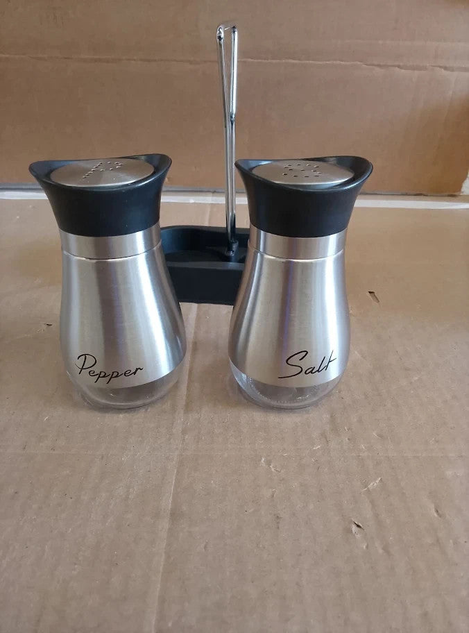 Salt And Pepper Sets Shakers With Holder Set Of 2 Stainless Silver New