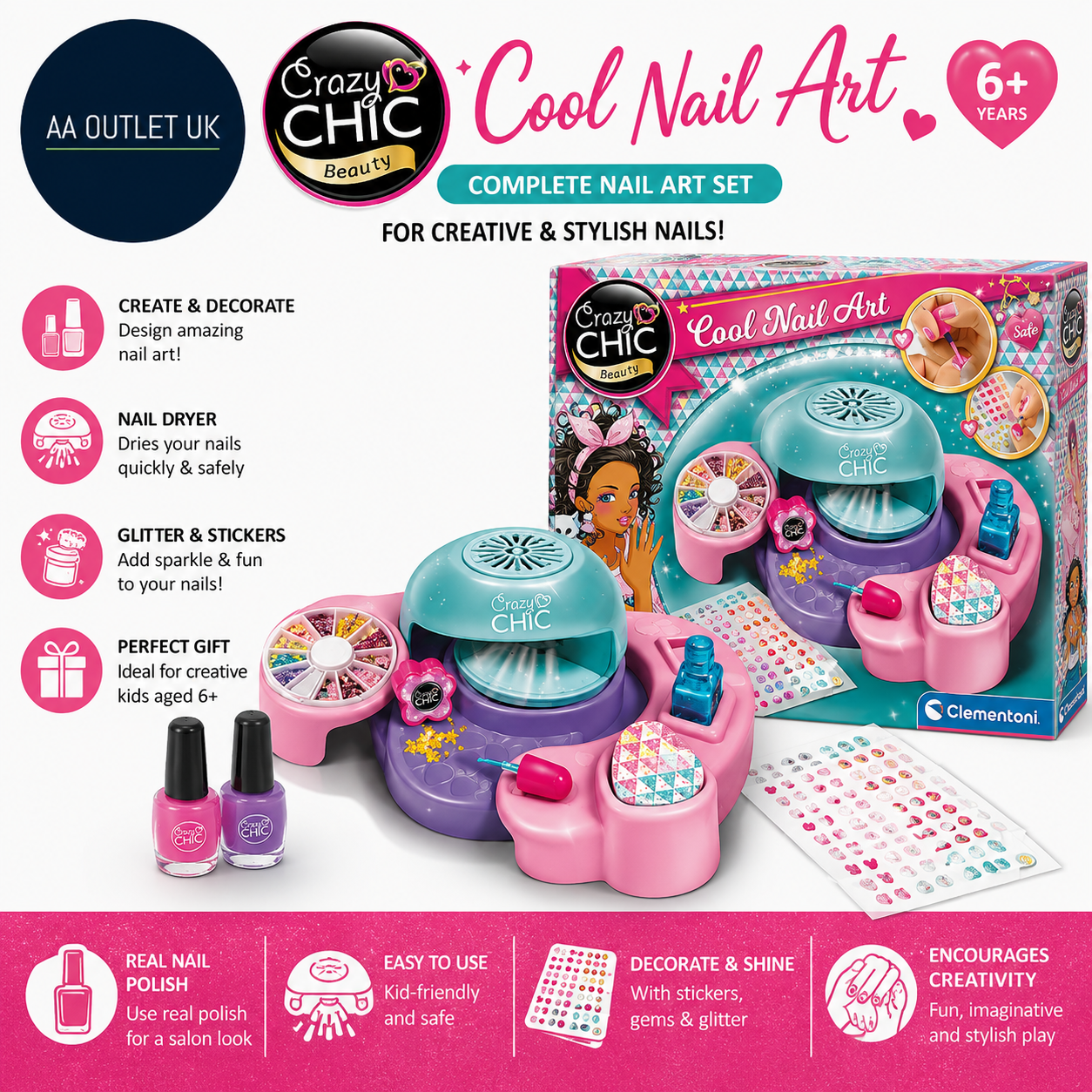 Clementoni Crazy Chic Cool Nail Art Set Nail Polish Dryer Stickers Glitter 6+