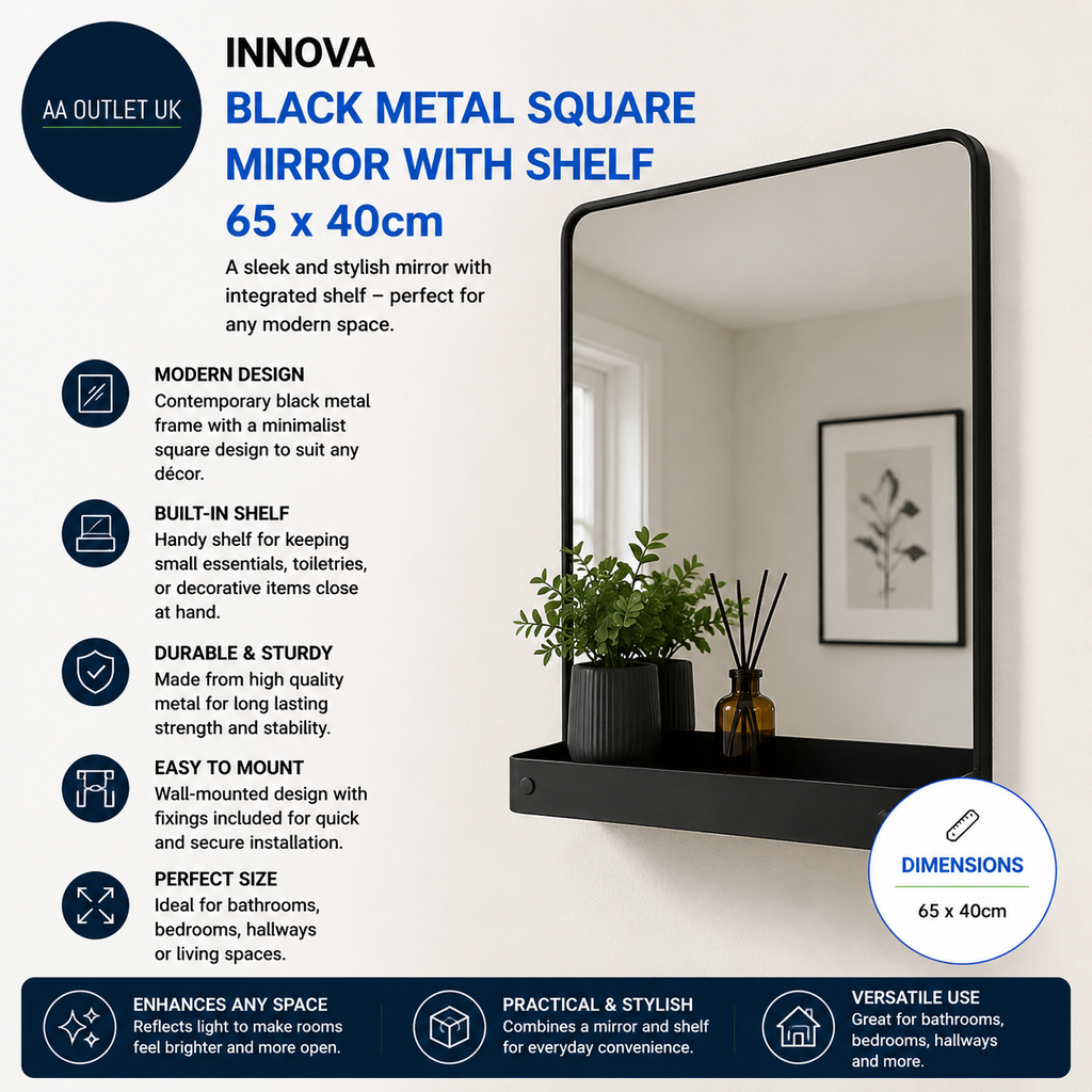 Innova Black Metal Square Mirror Metal Shelf Wall Mounted 65x40c11cm