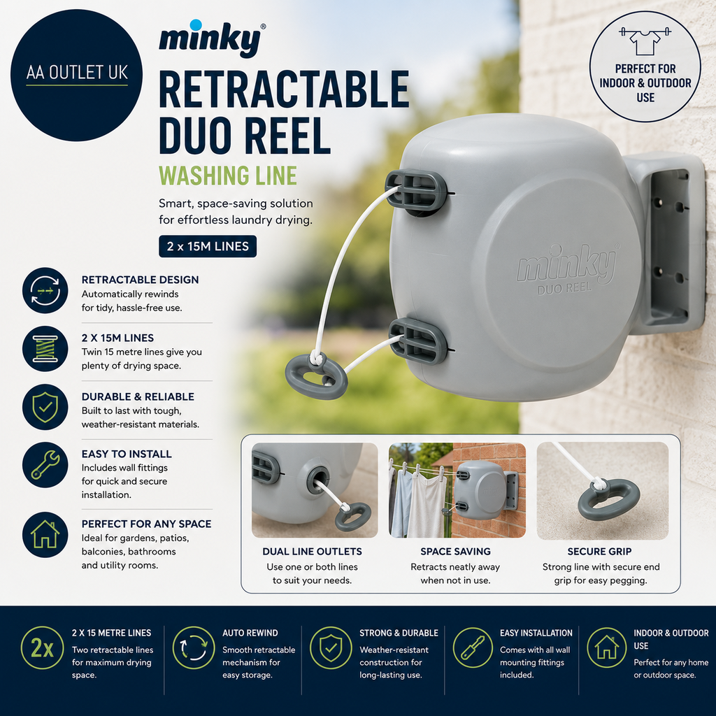 Minky Homecare Retractable Outdoor Duo Clothesline Reel Washing Line Grey 2x15m