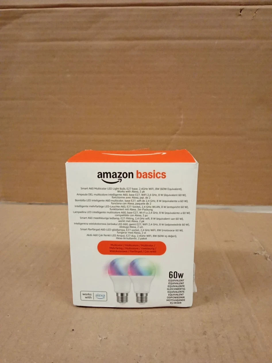 Amazon Basics Smart Multicolor LED Light Bulb E27 Base 8W Alexa Only 2 Pack New
