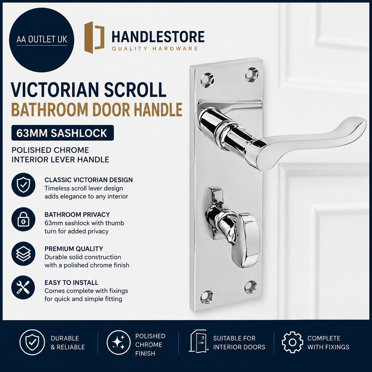 Handlestore Victorian Scroll Bathroom Door Handle 63mm Sashlock Polished Chrome