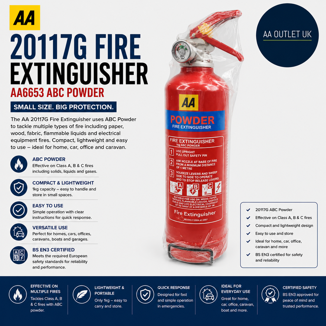 Aa 1kg Fire Extinguisher AA6653 Uses ABC Powder Small Fires Lightweight 1000g