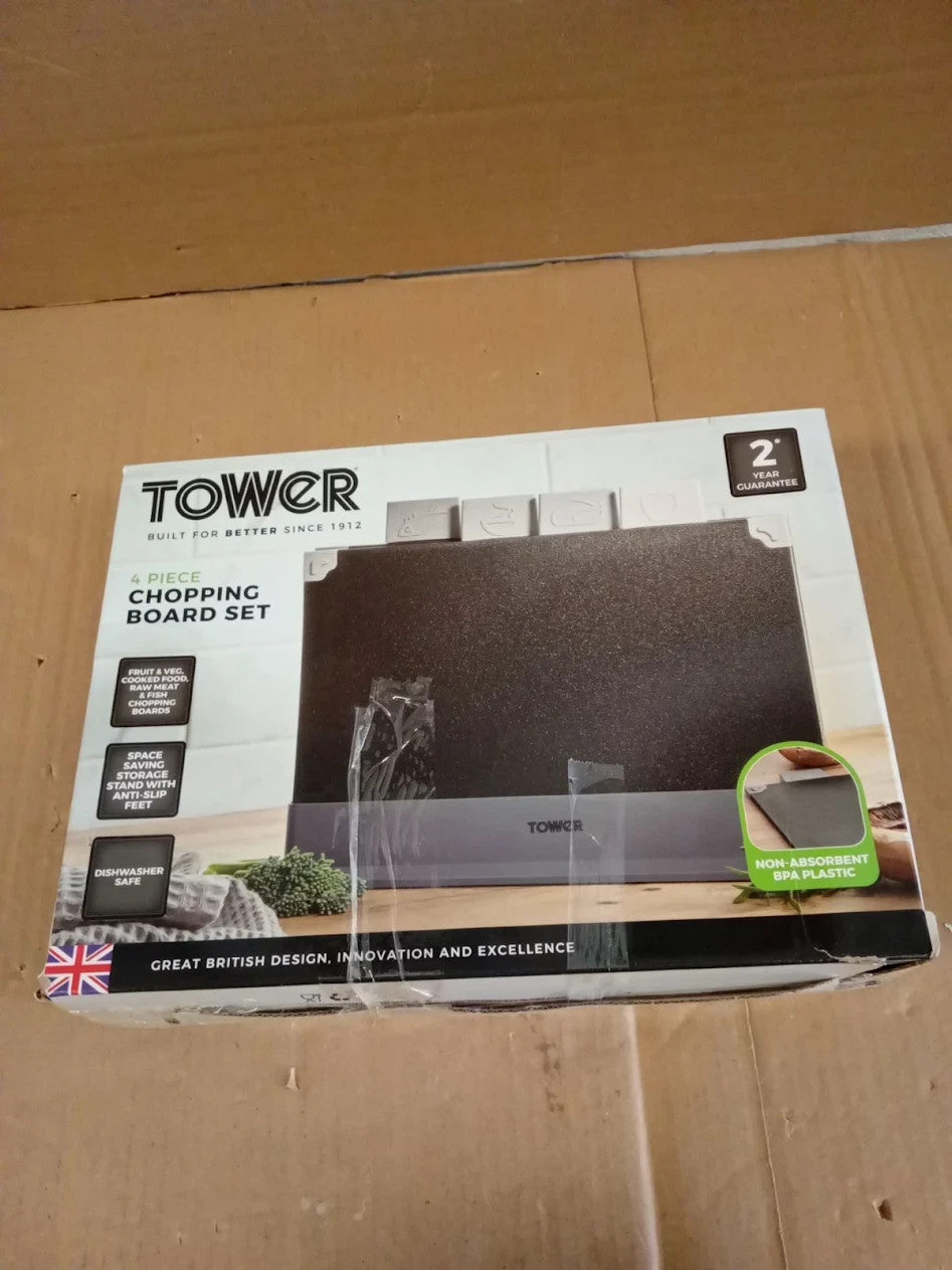 Tower 4 Pieces Chopping Board Set Stand Black T847041 Bread Fish Fruit Meat