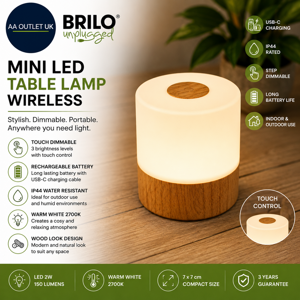 B K Licht Mini LED Table Lamp Wireless IP44 Touch Dimmable Steps 7x7cm Bedside