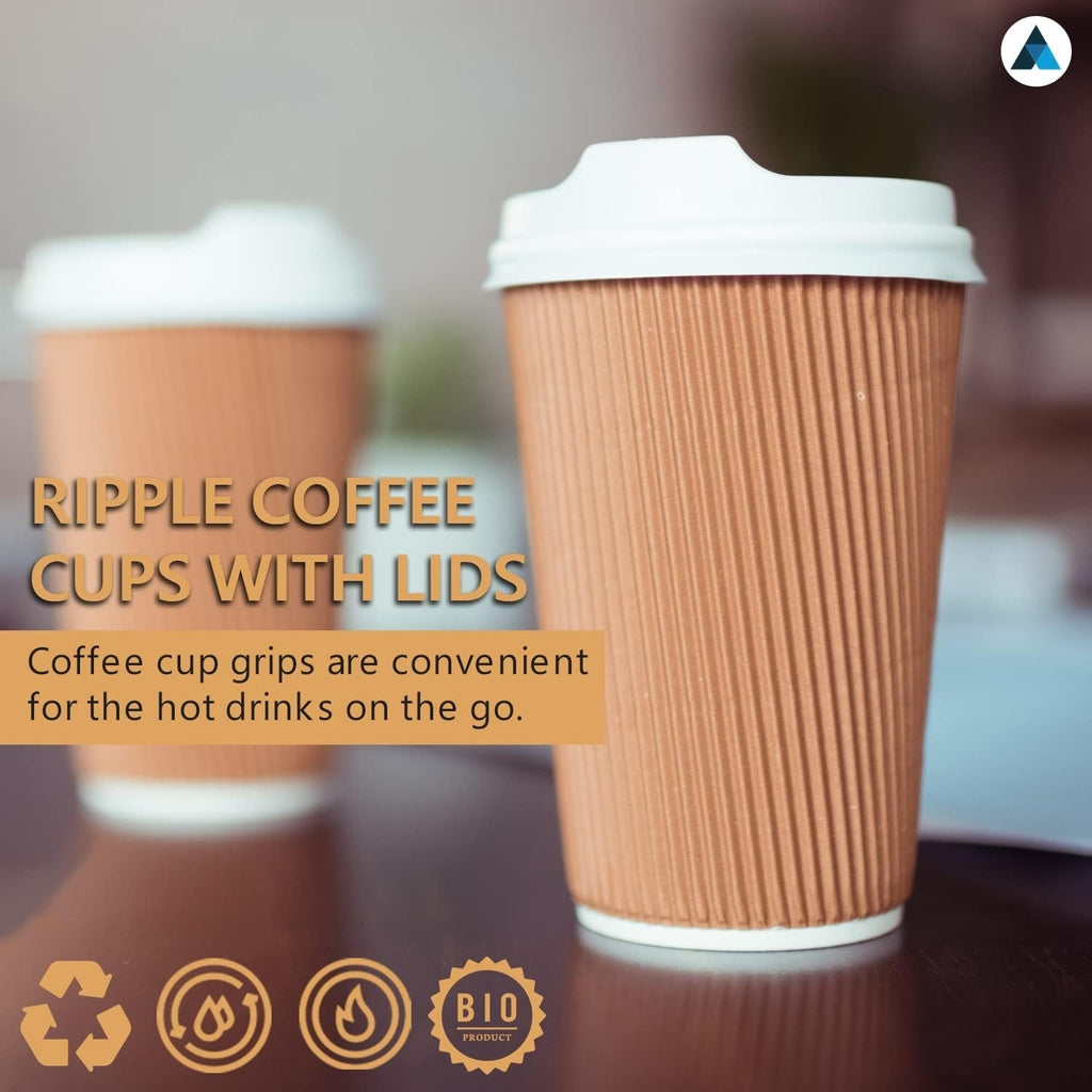 Nationwide Paper Coffee Cups Lids 12oz Disposable Triple Walled Ripple Brown New