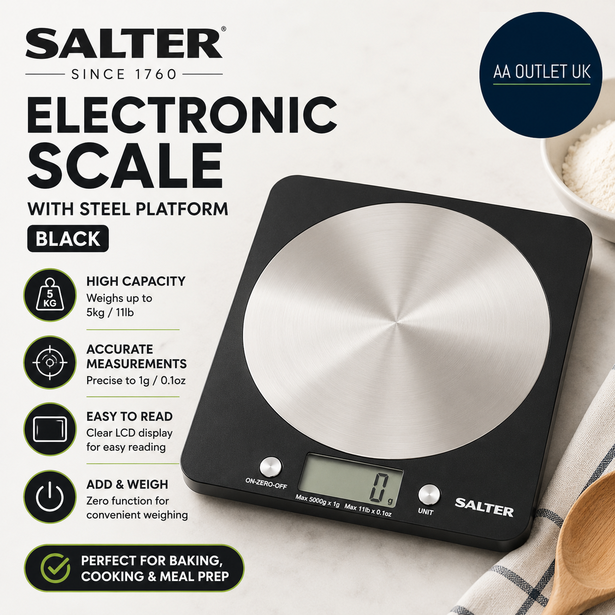 Salter Electronic Scale Steel Platform Black LCD Display 5kg Capacity