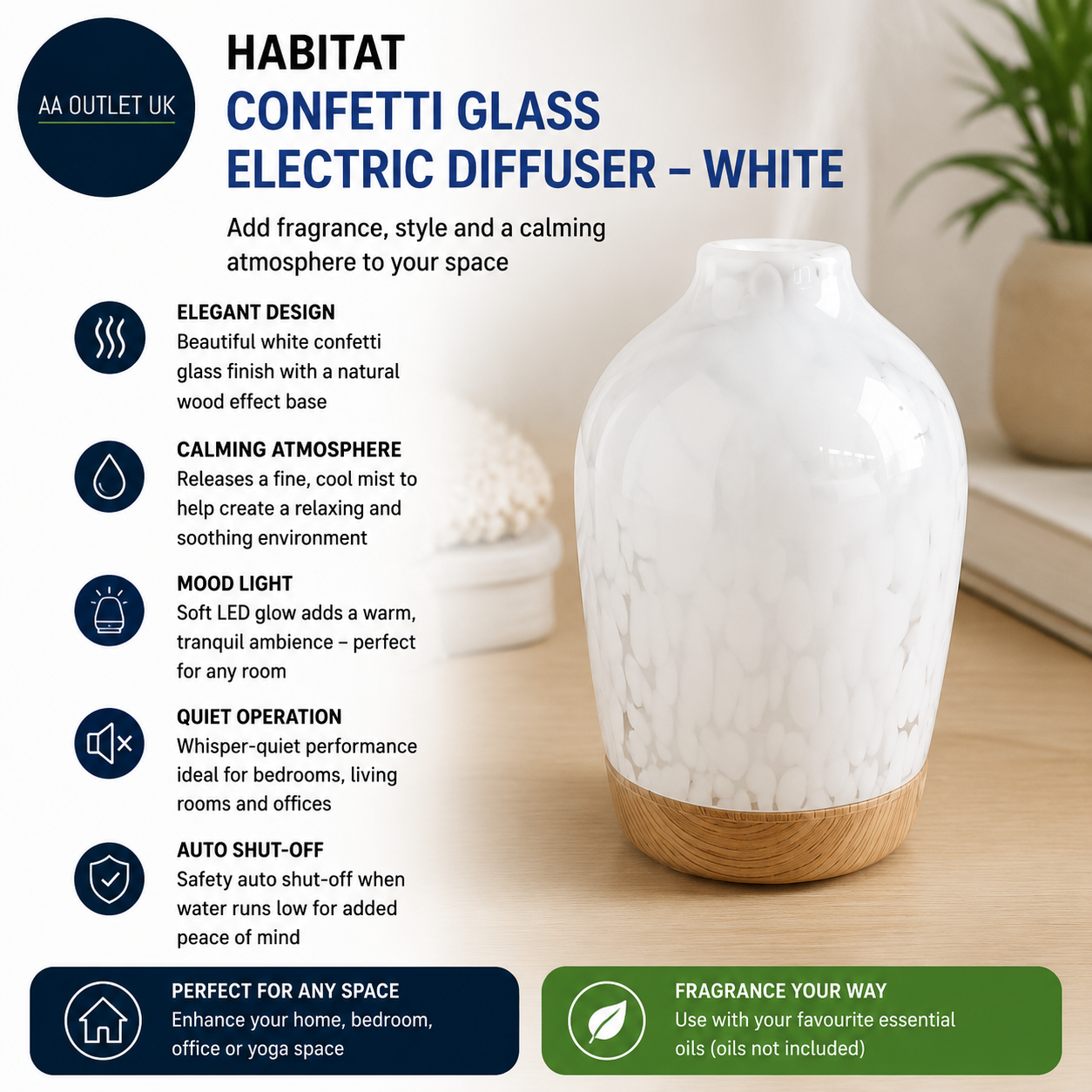 Habitat Confetti Glass Electric Diffuser 100ml Capacity White 16x9.2cm