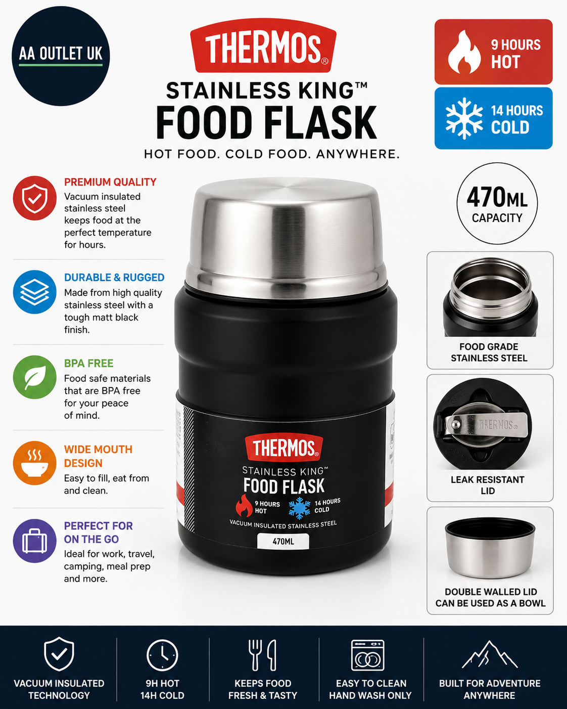Thermos Stainless King Matt Black Food Flask 470ml 9h Hot  14h Cold Thermal