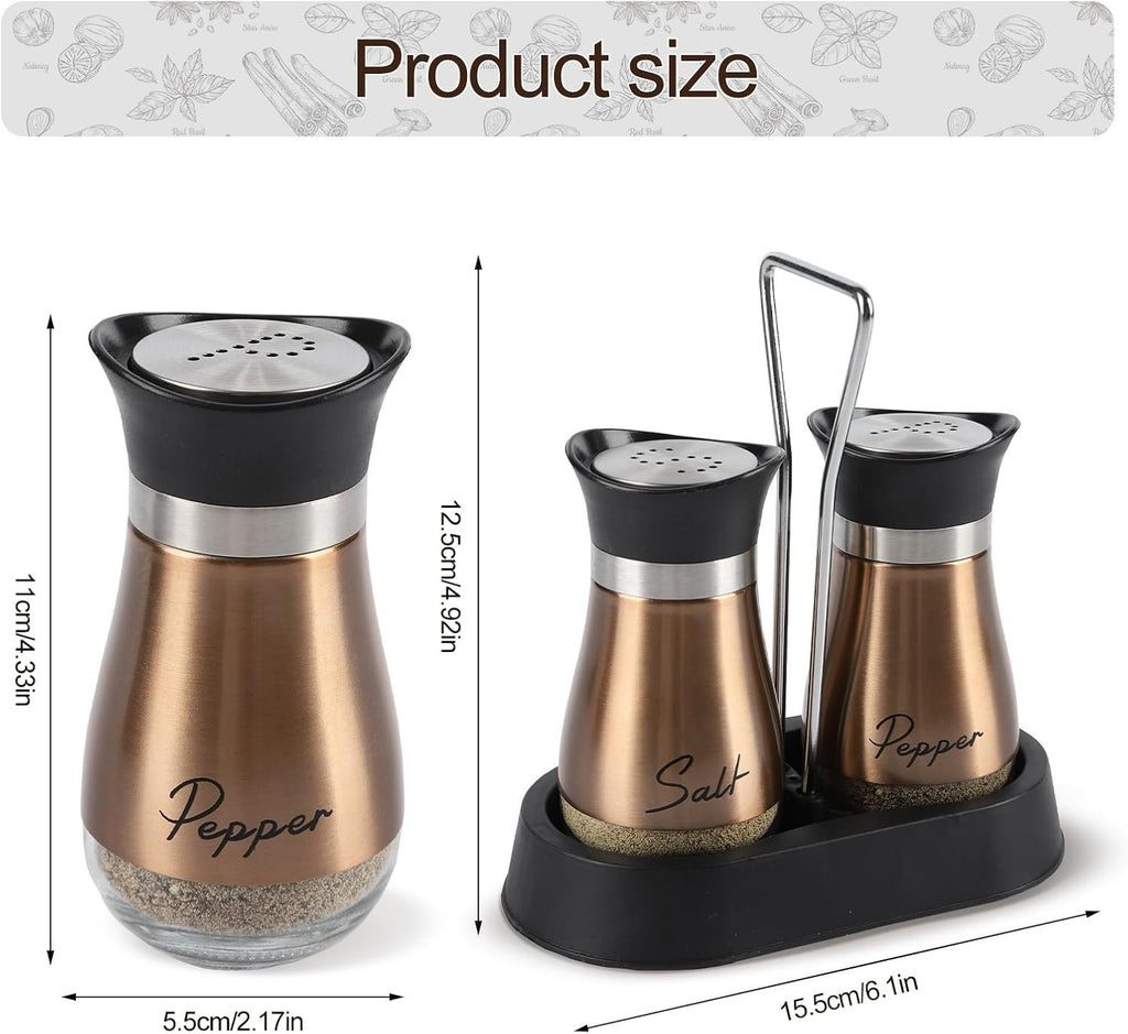 HZPZPP  Salt Pepper Shakers Holder Set 2 Stainless Steel Glass Gold New