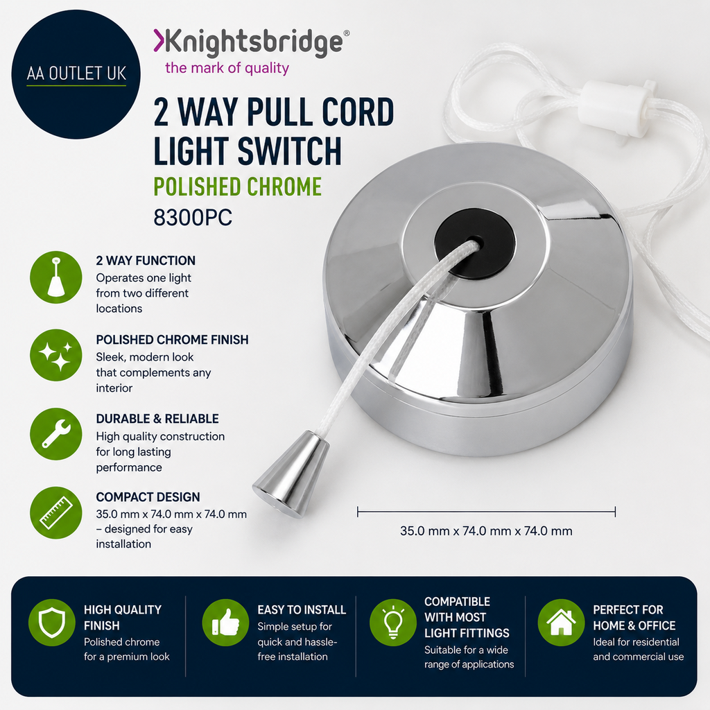 Knightsbridge 8300PC 2 Way Pull Cord Light Switch Polished Chrome 35x74x74mm