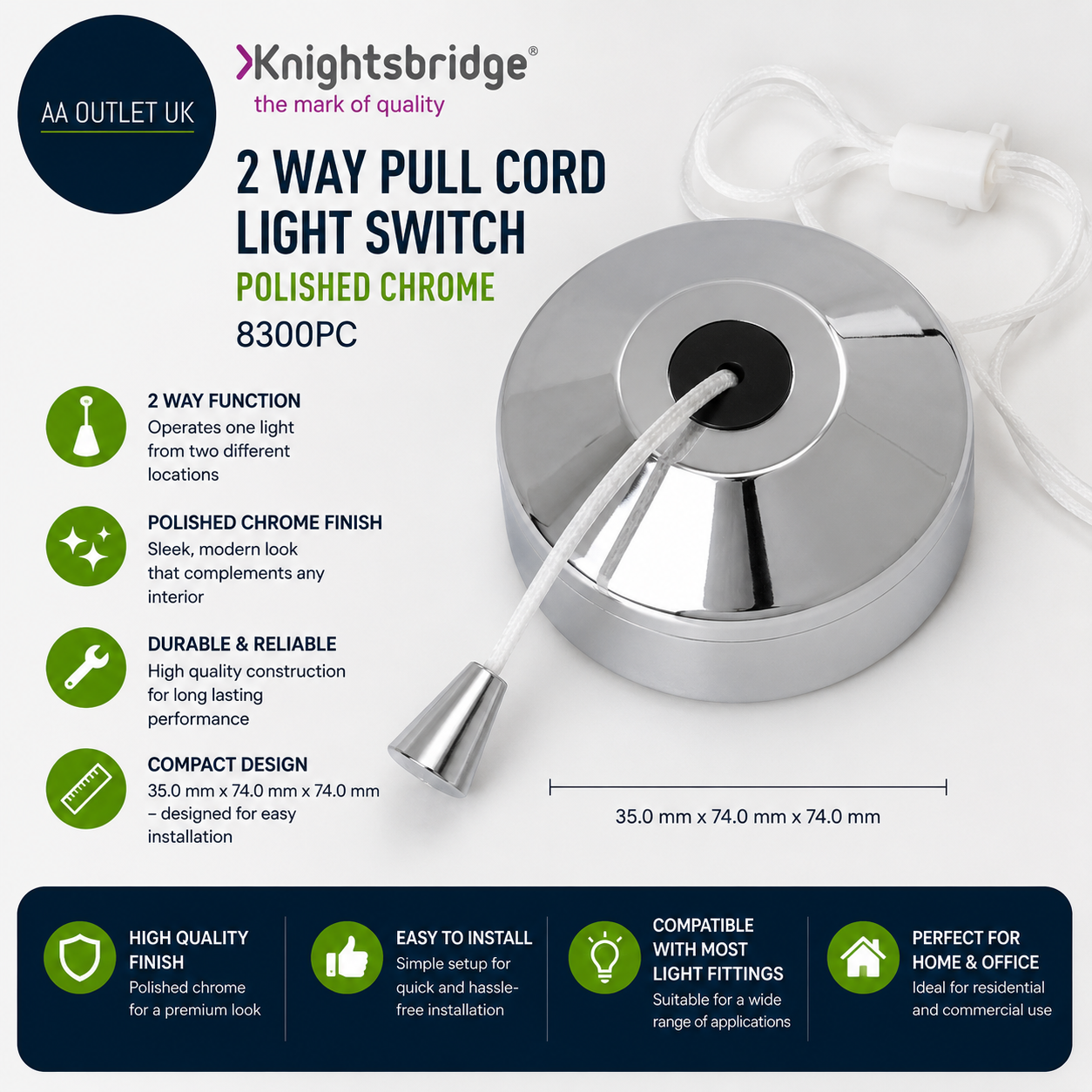 Knightsbridge 8300PC 2 Way Pull Cord Light Switch Polished Chrome 35x74x74mm
